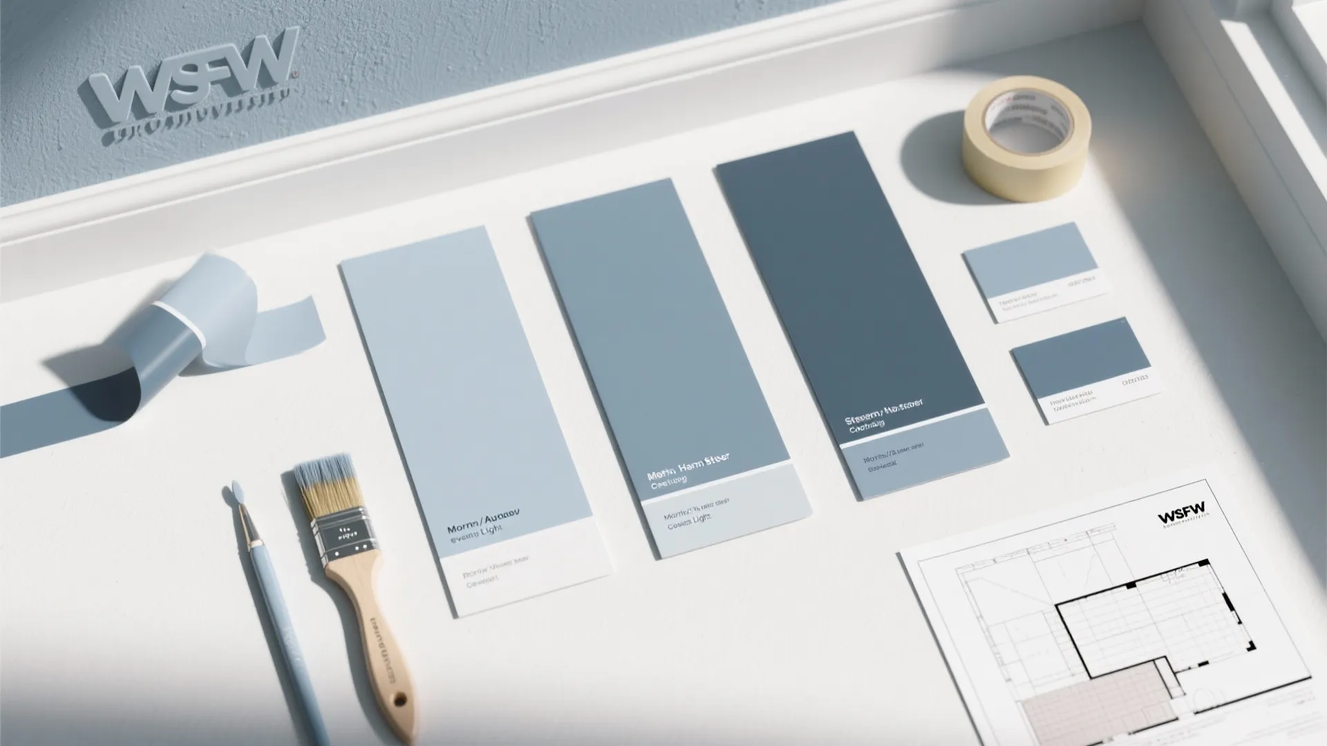 Top-down flatlay of blue-grey paint swatches, wall sample strips, brushes, and a floor plan for color testing.