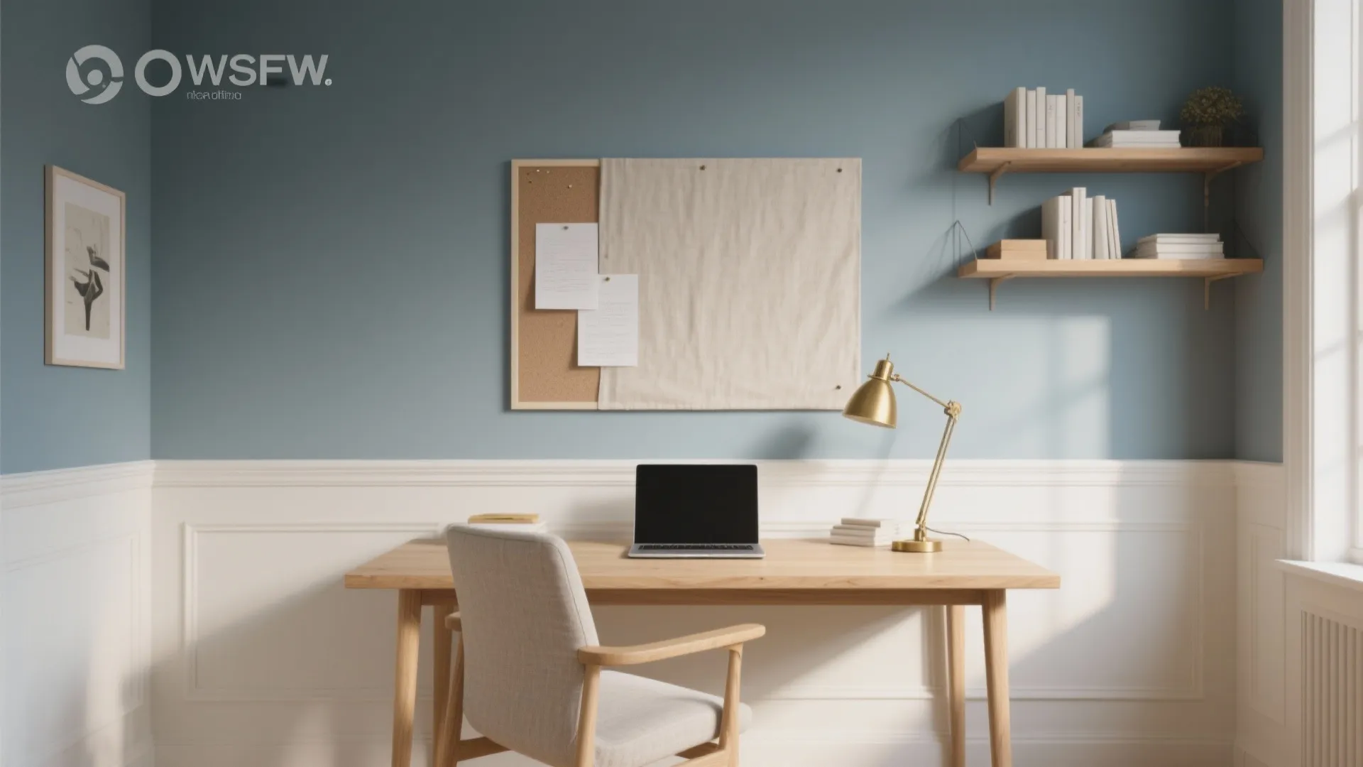 Muted blue-grey study with off-white trim