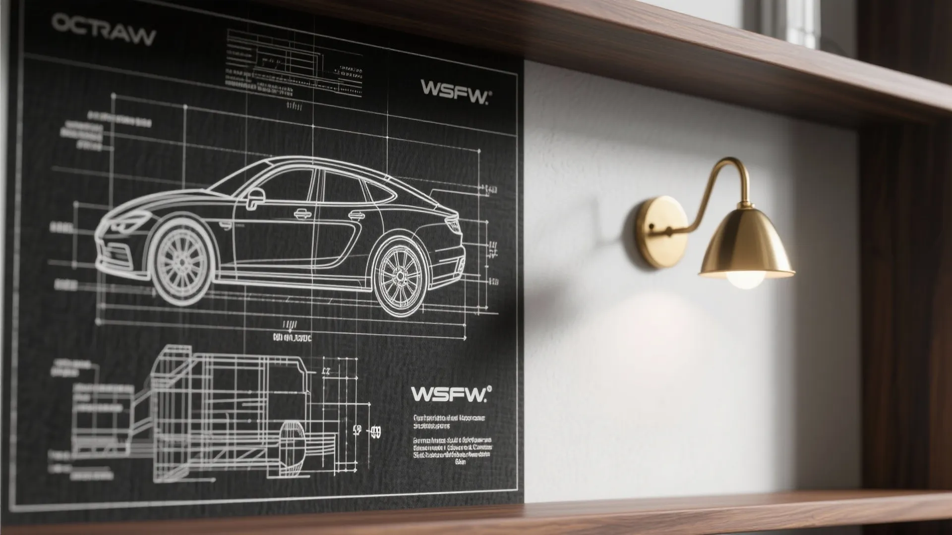 4) Monochrome Blueprint Art in a Study