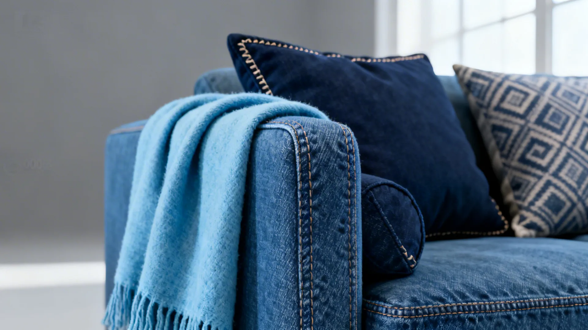 Macro view of layered blue throws and cushions on a denim sofa showing texture.