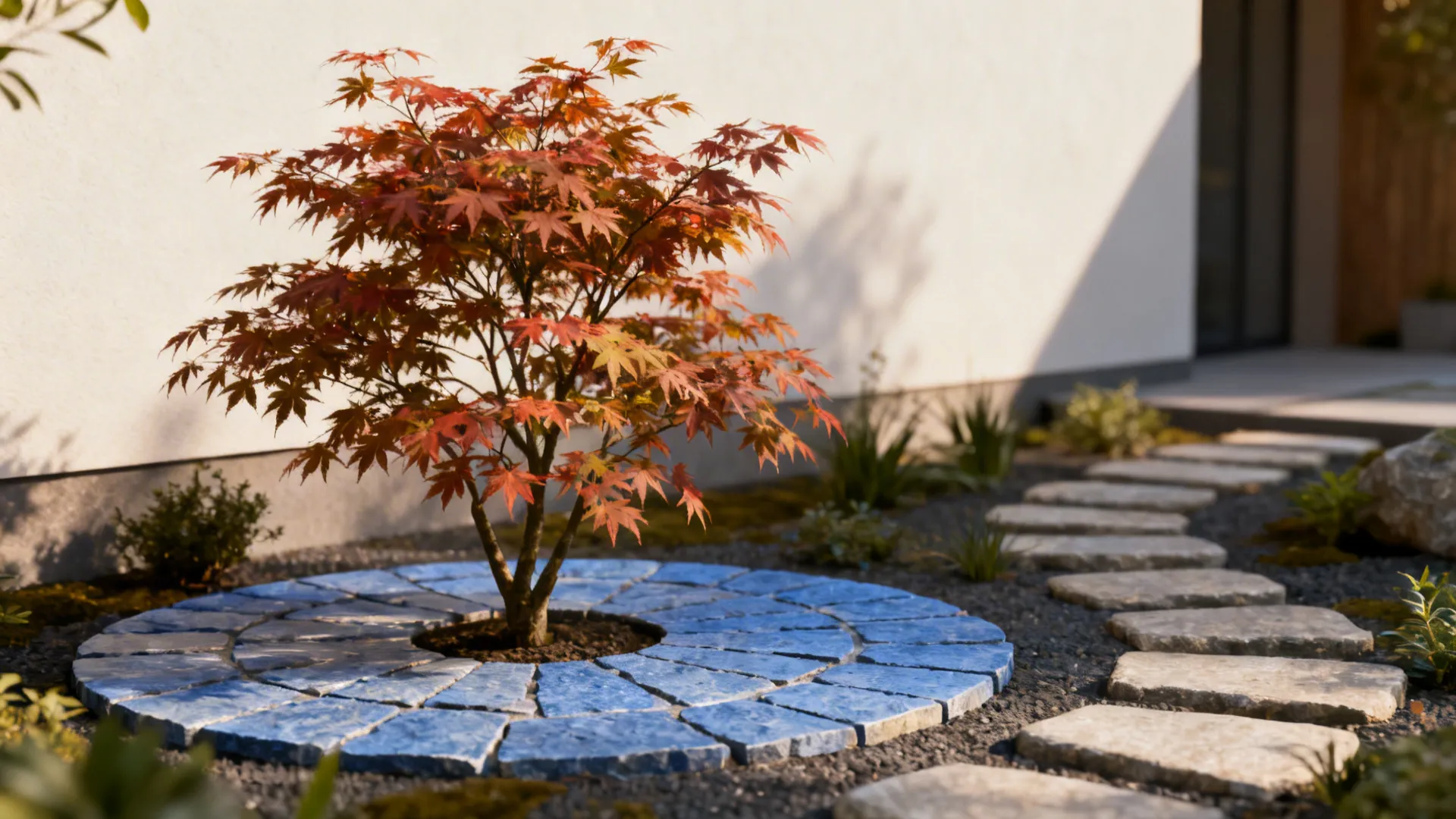 Small circular bluestone pad with a dwarf Japanese maple as a minimalist focal point.