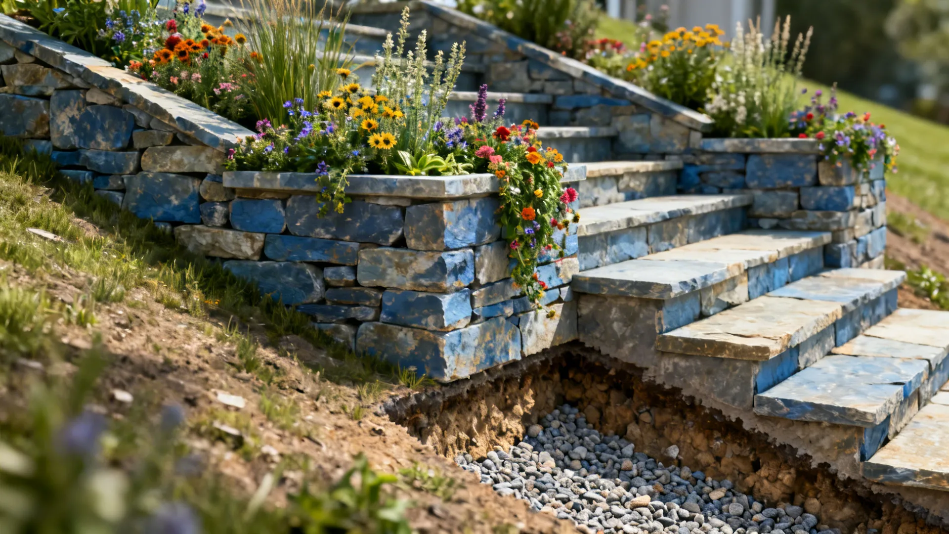 Close-up of bluestone tiered planter wall with pollinator plants and visible base material