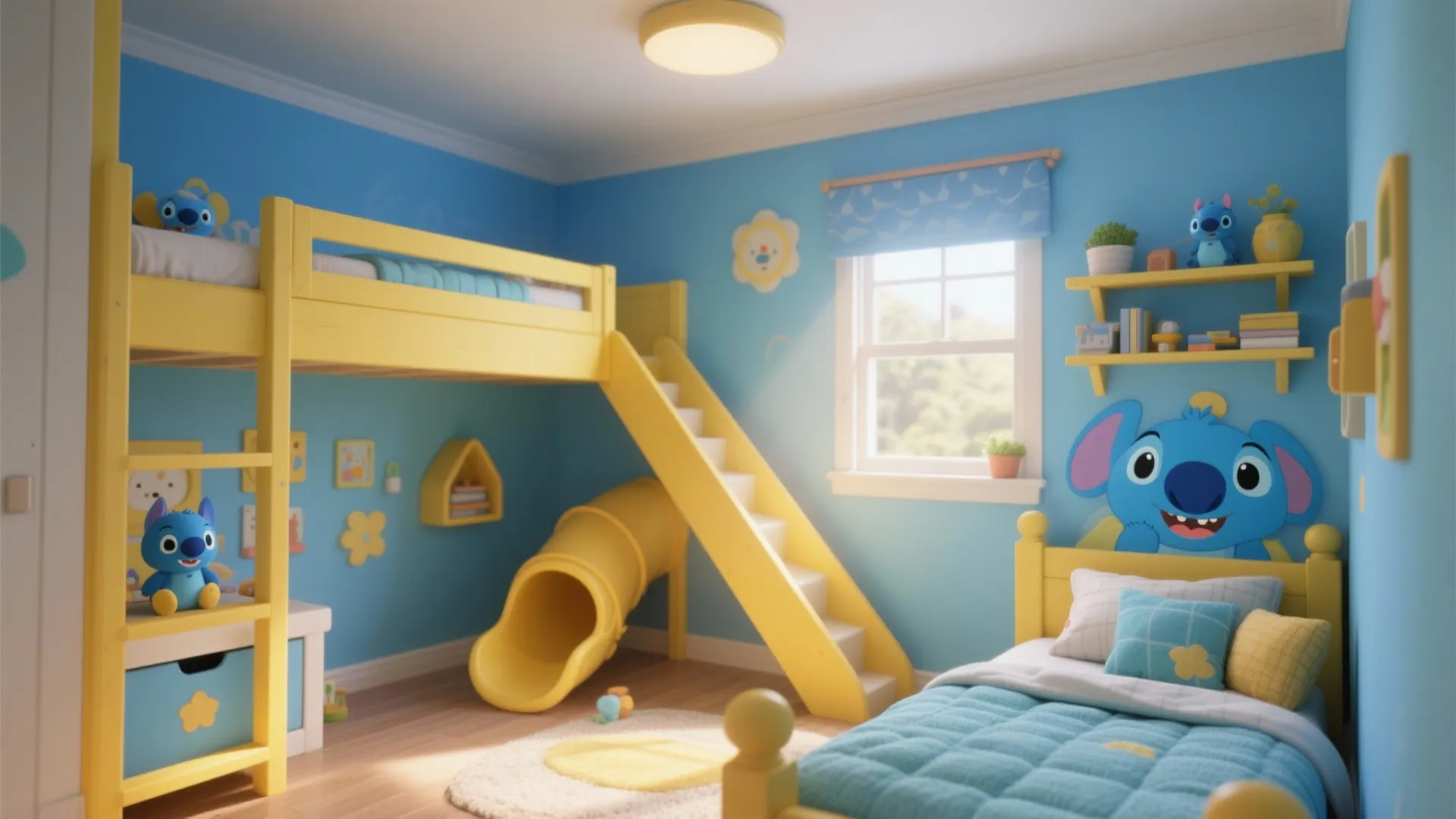 Blue kids bedroom with yellow loft bed slide stairs blue bedding and cartoon wall art
