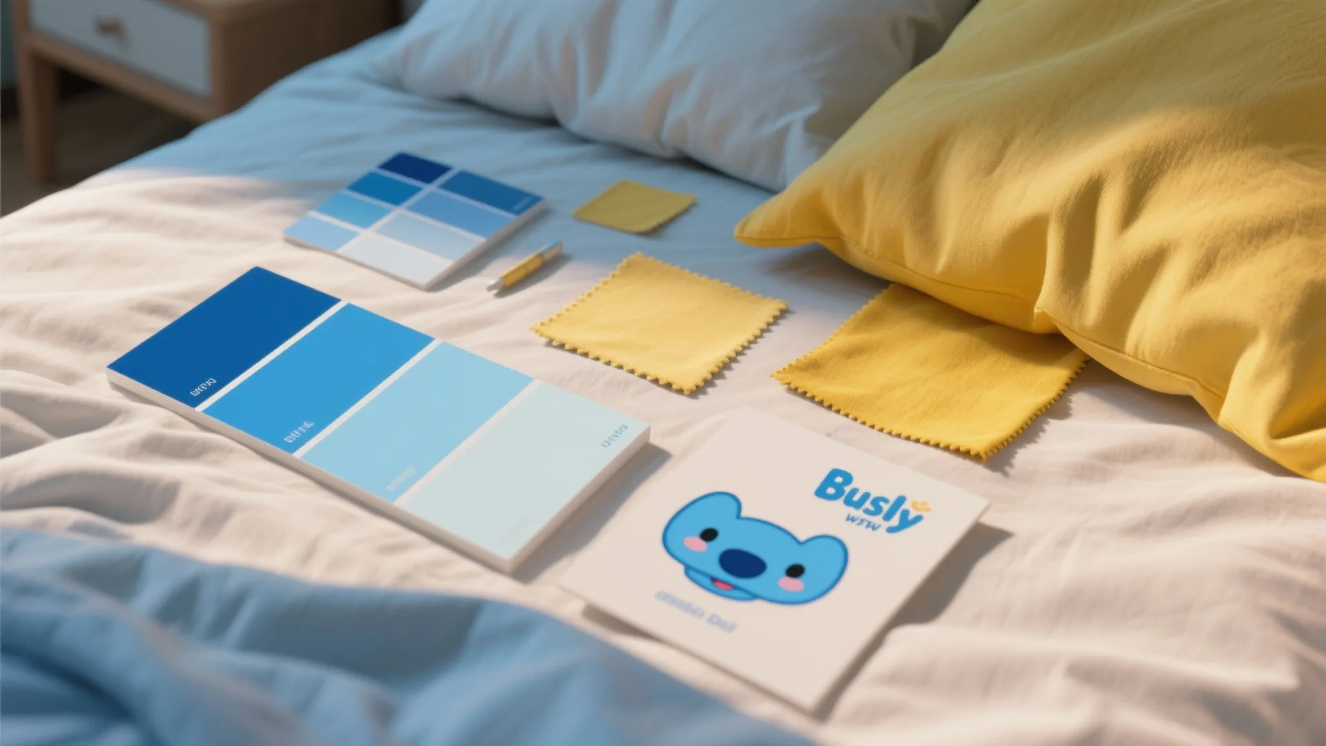 Blue paint color swatches and yellow fabric samples placed on white bed with yellow pillow