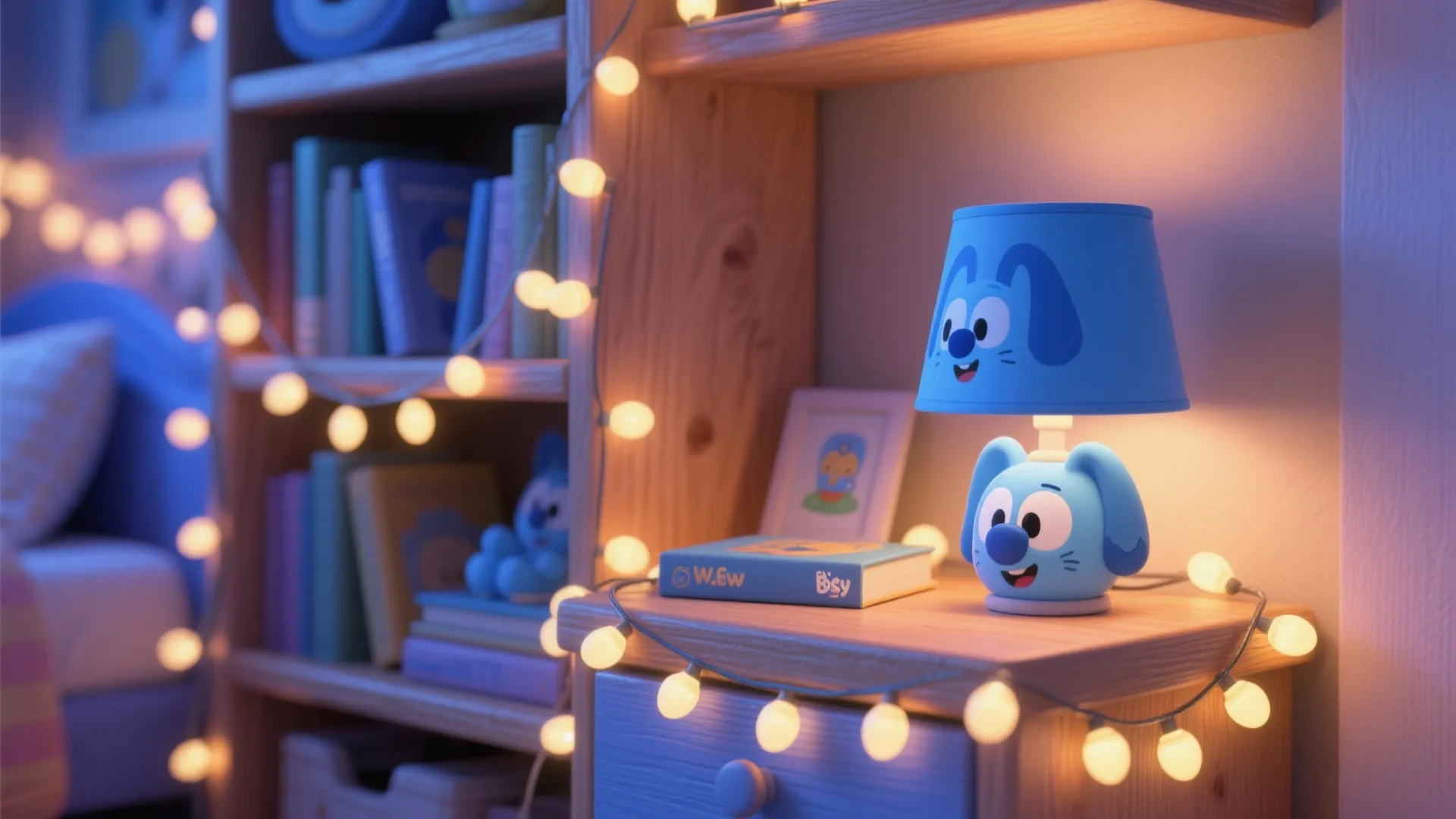 Blue cartoon character table lamp on wood nightstand with string lights and bookshelf in background