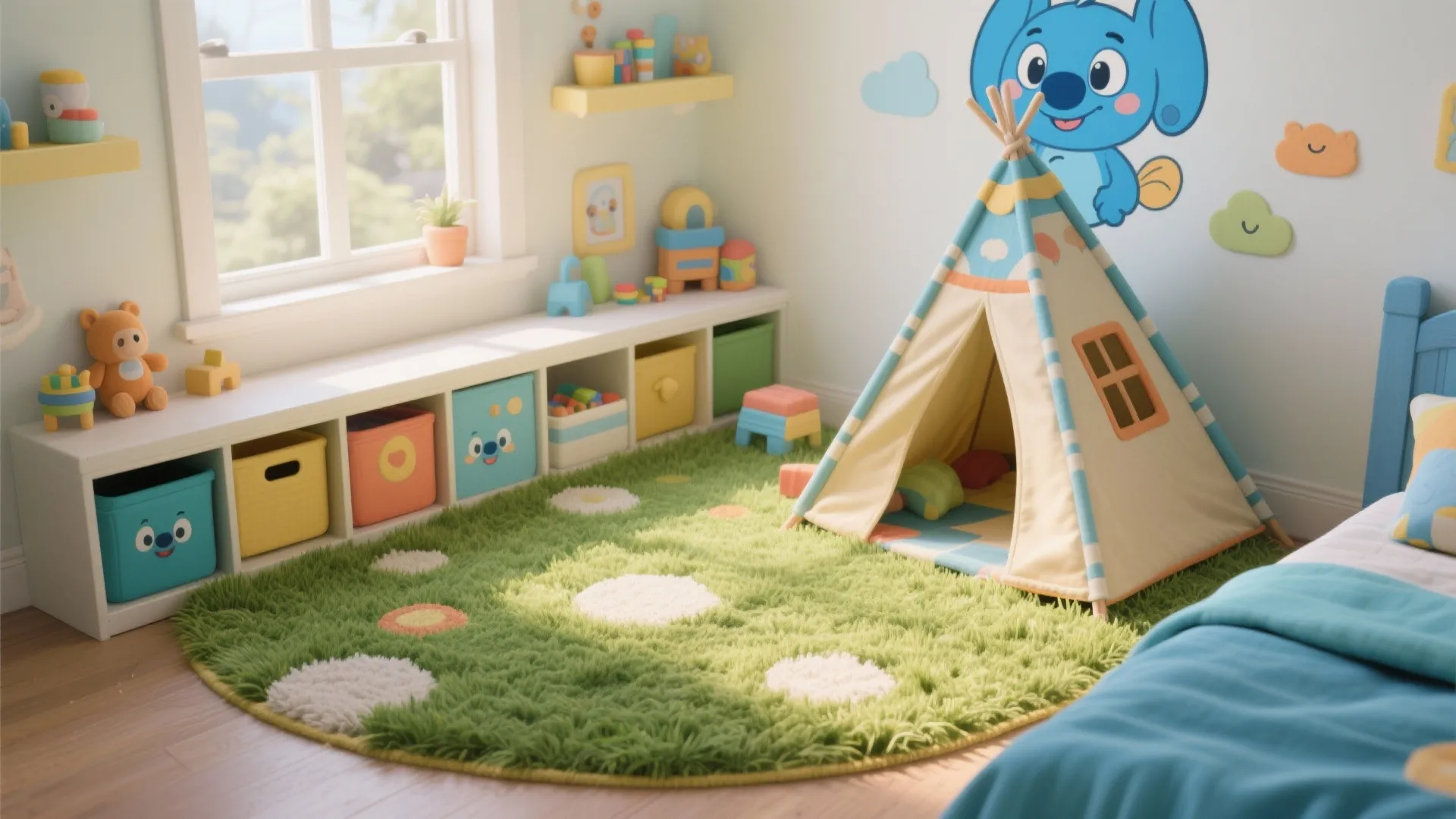 Kids play room with green rug blue tent storage bins window and blue cartoon decal