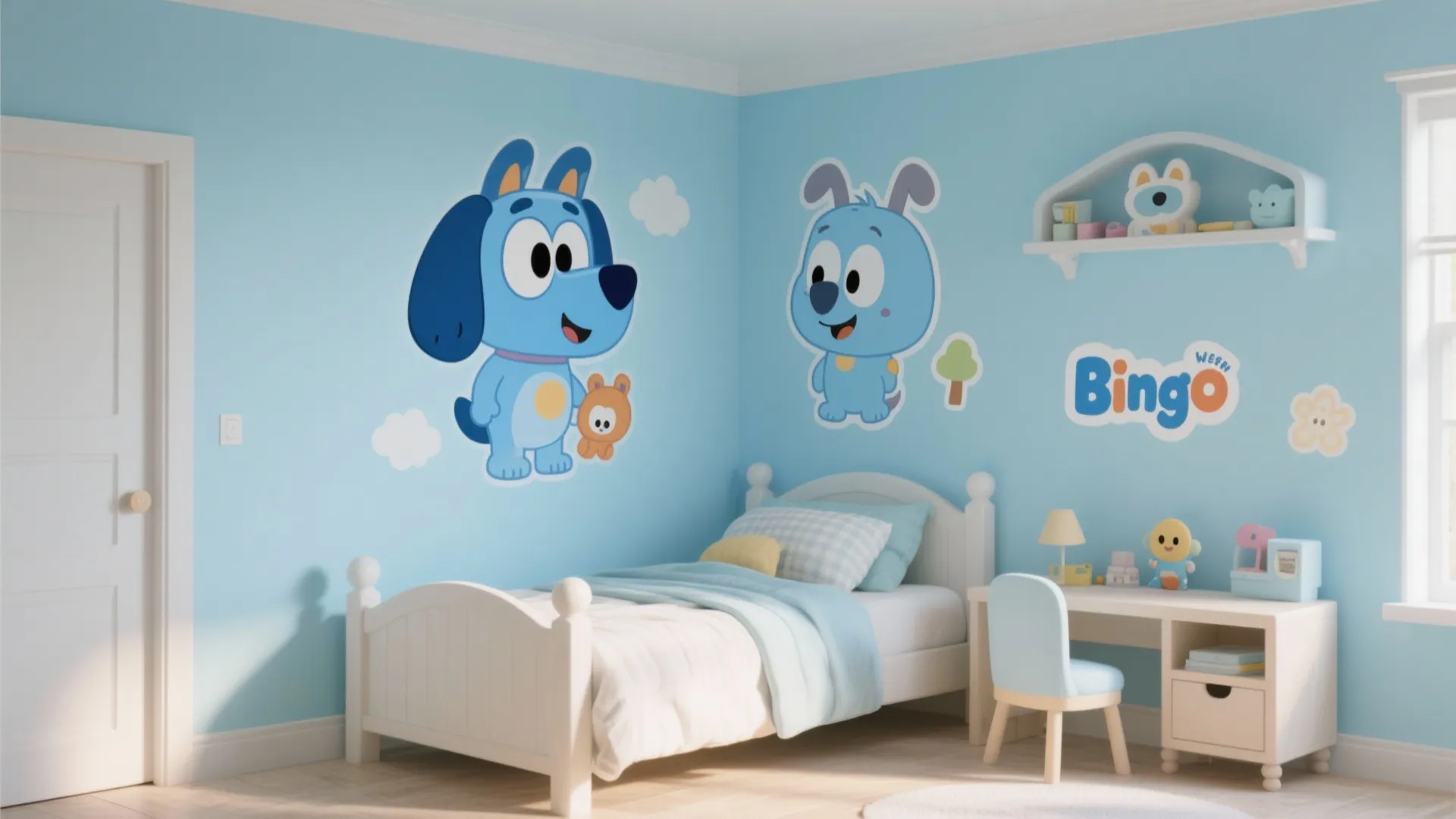 Blue kids bedroom featuring cartoon dog wall stickers white bed small desk and blue chair
