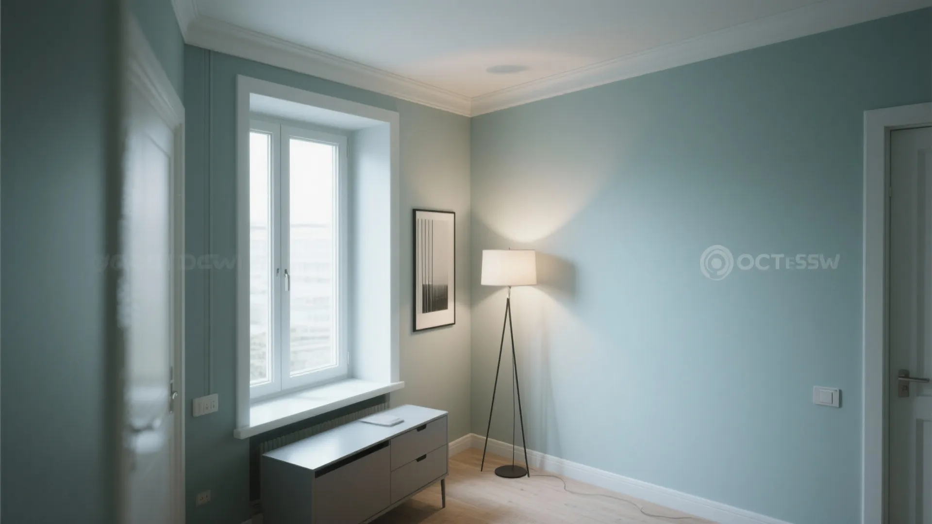 Minimalist room with light blue walls white window floor lamp grey cabinet and wood floor