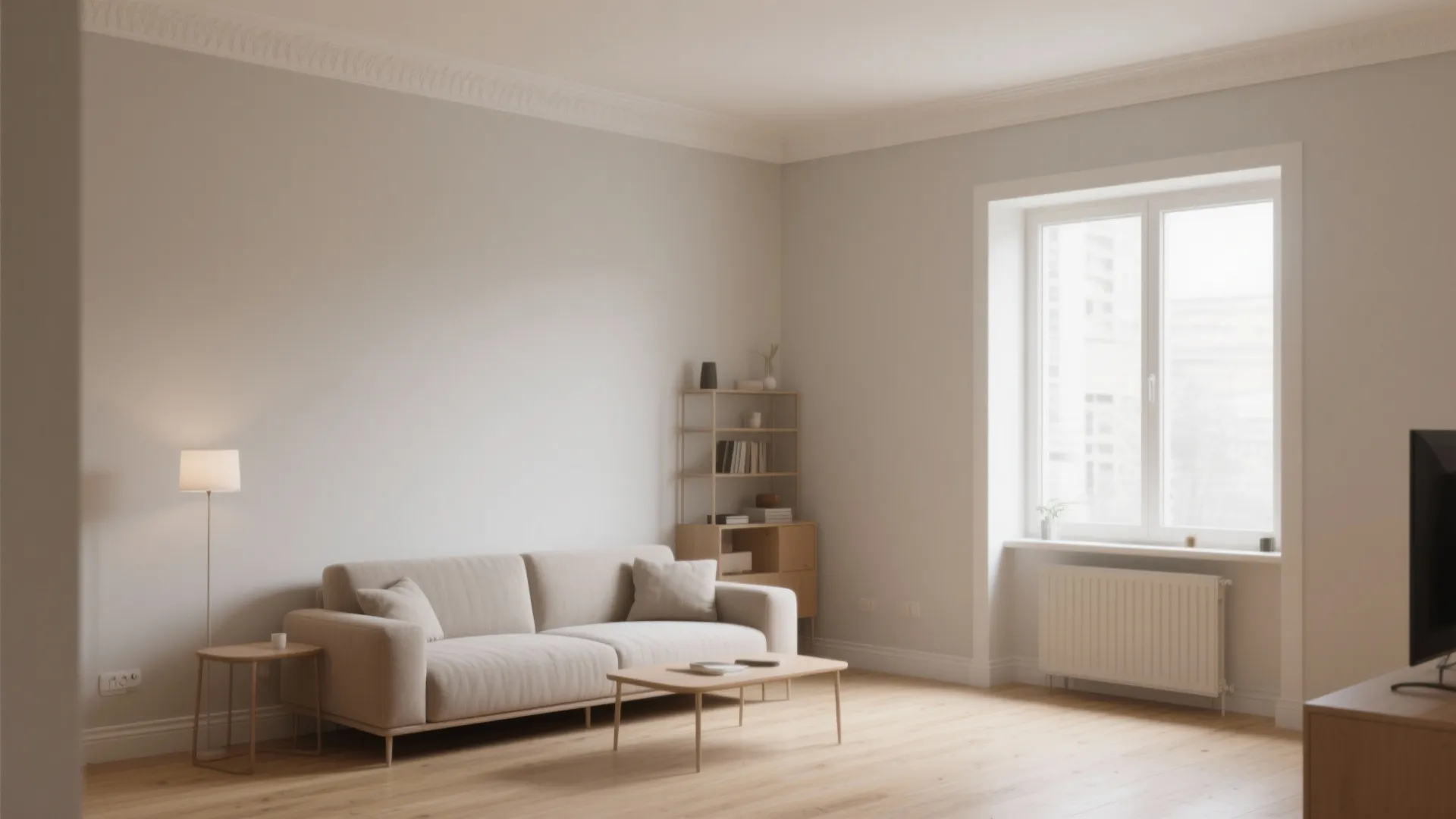 Simple white room featuring beige sofa wooden coffee table floor lamp and bookshelf by window