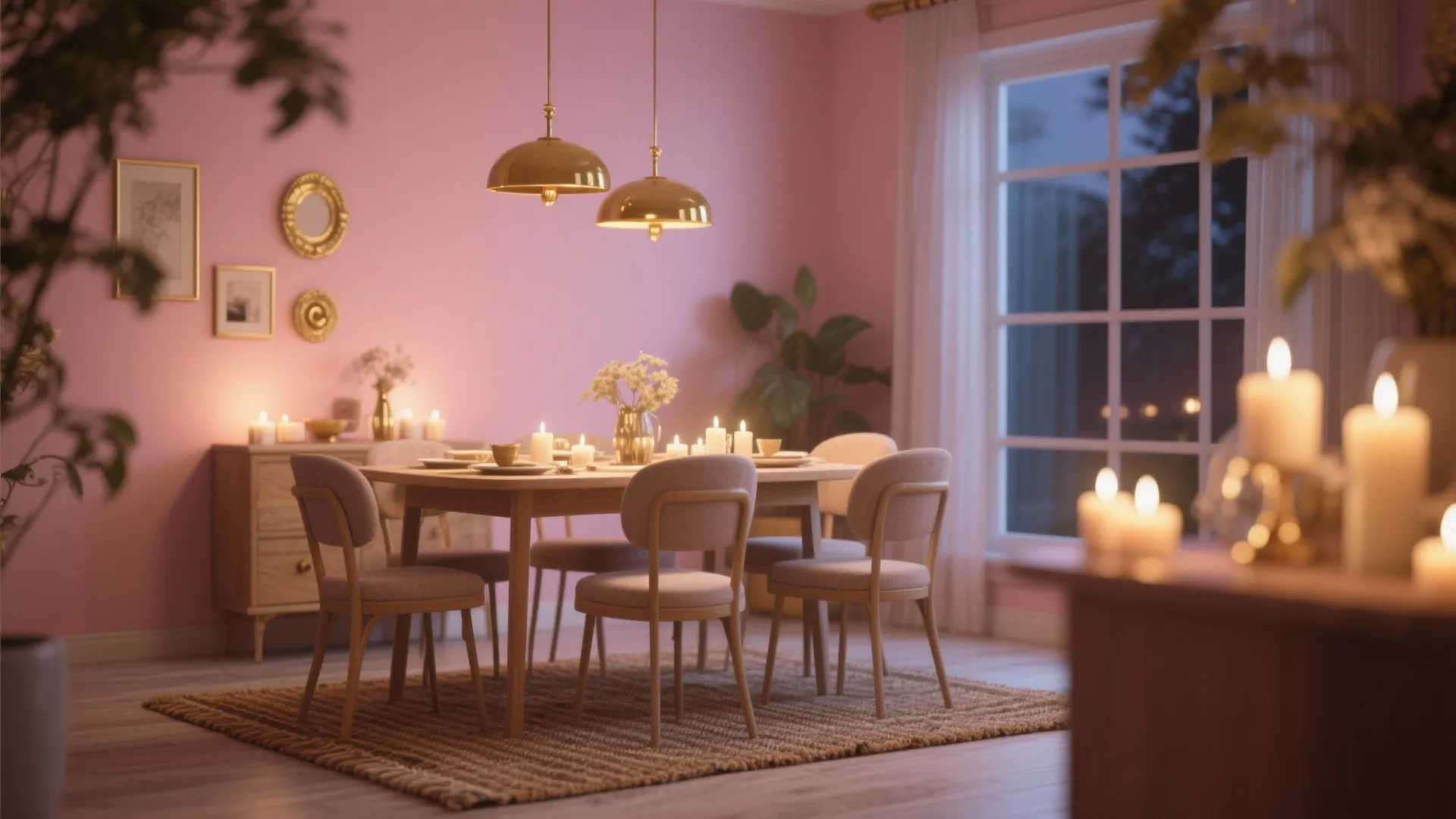 Soft blush dining room accent wall with gold accents