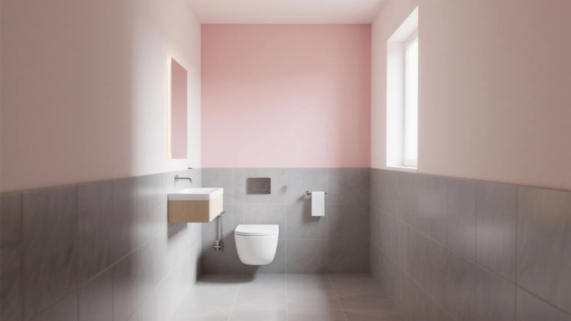 1. Blush Accent Wall + Matte Grey Tiles