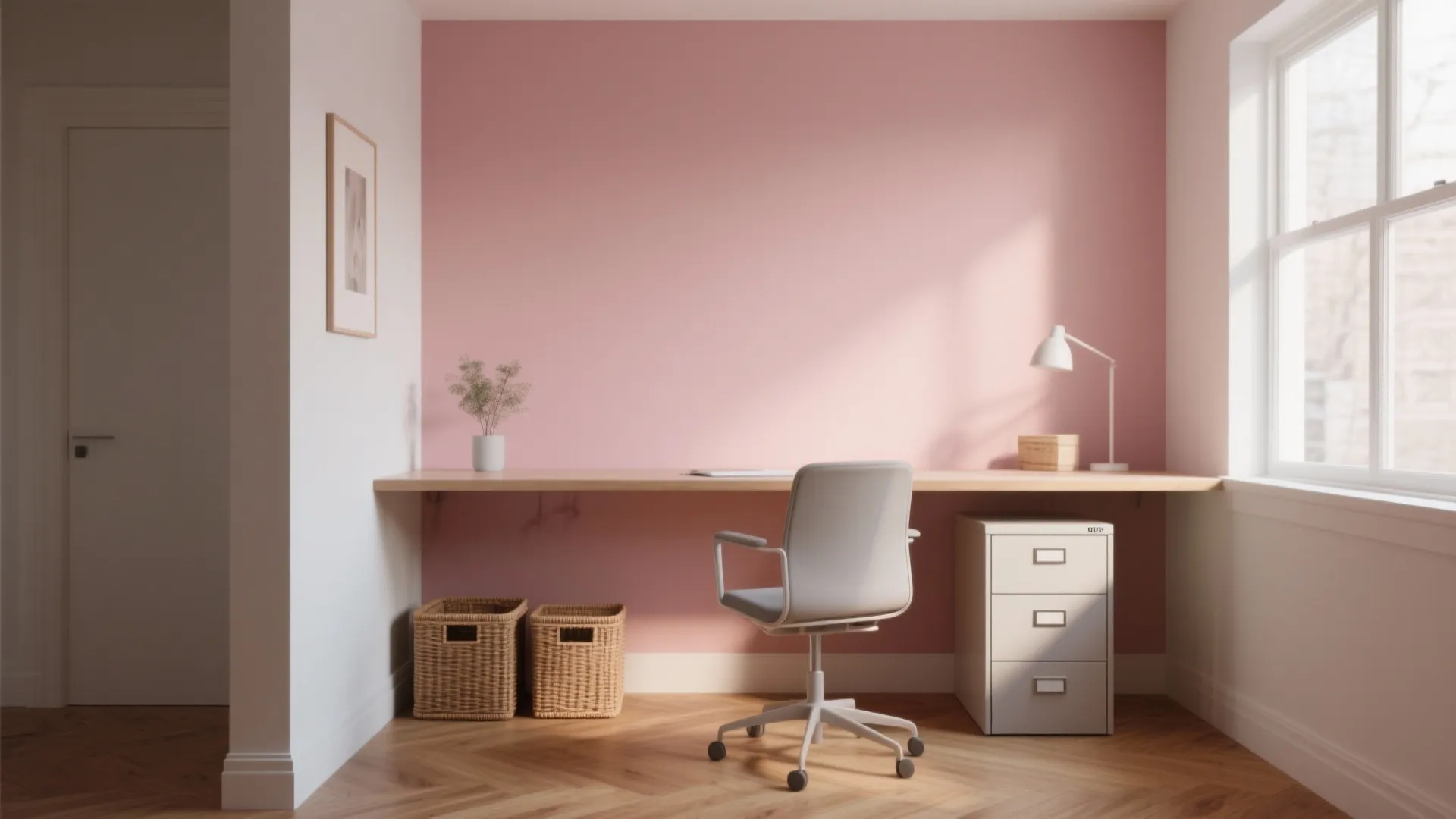 Home office with pink wall wooden desk white chair white cabinet and window with light
