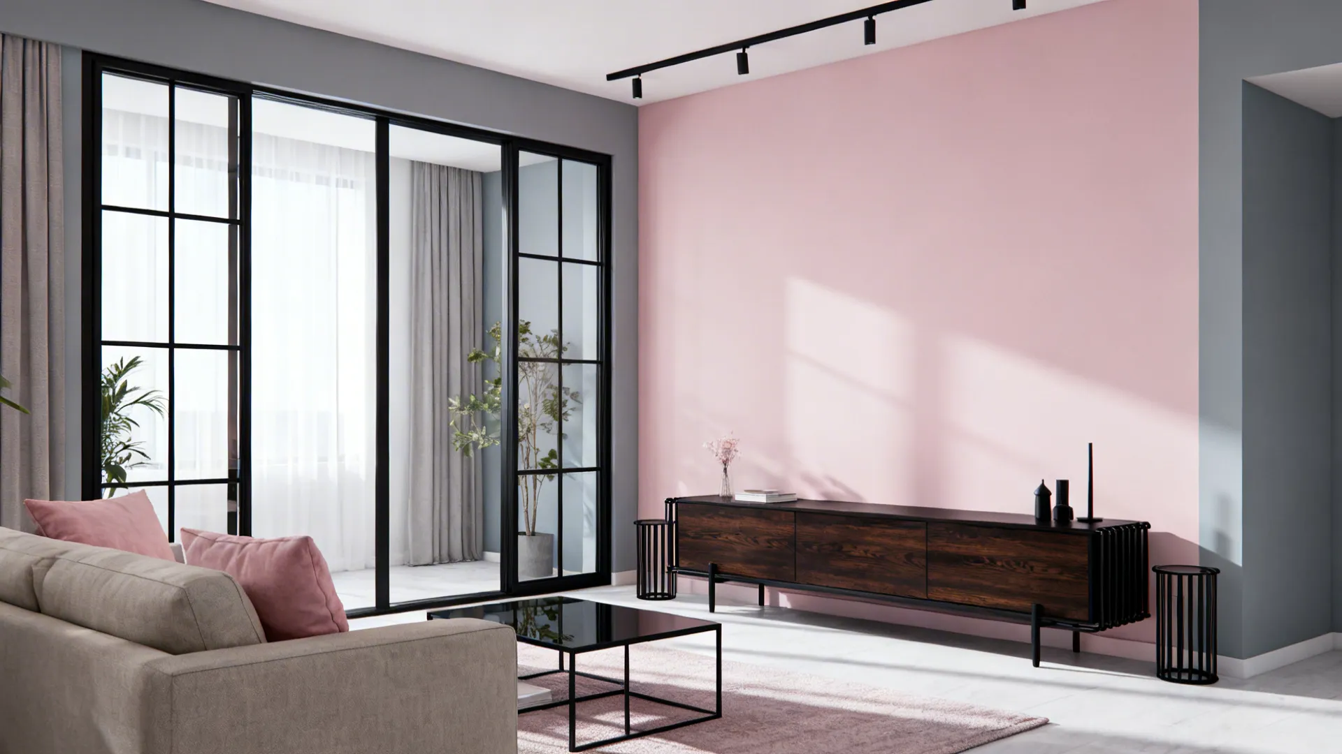 Modern living room with a soft blush pink accent wall balanced by black and dark wood accents.