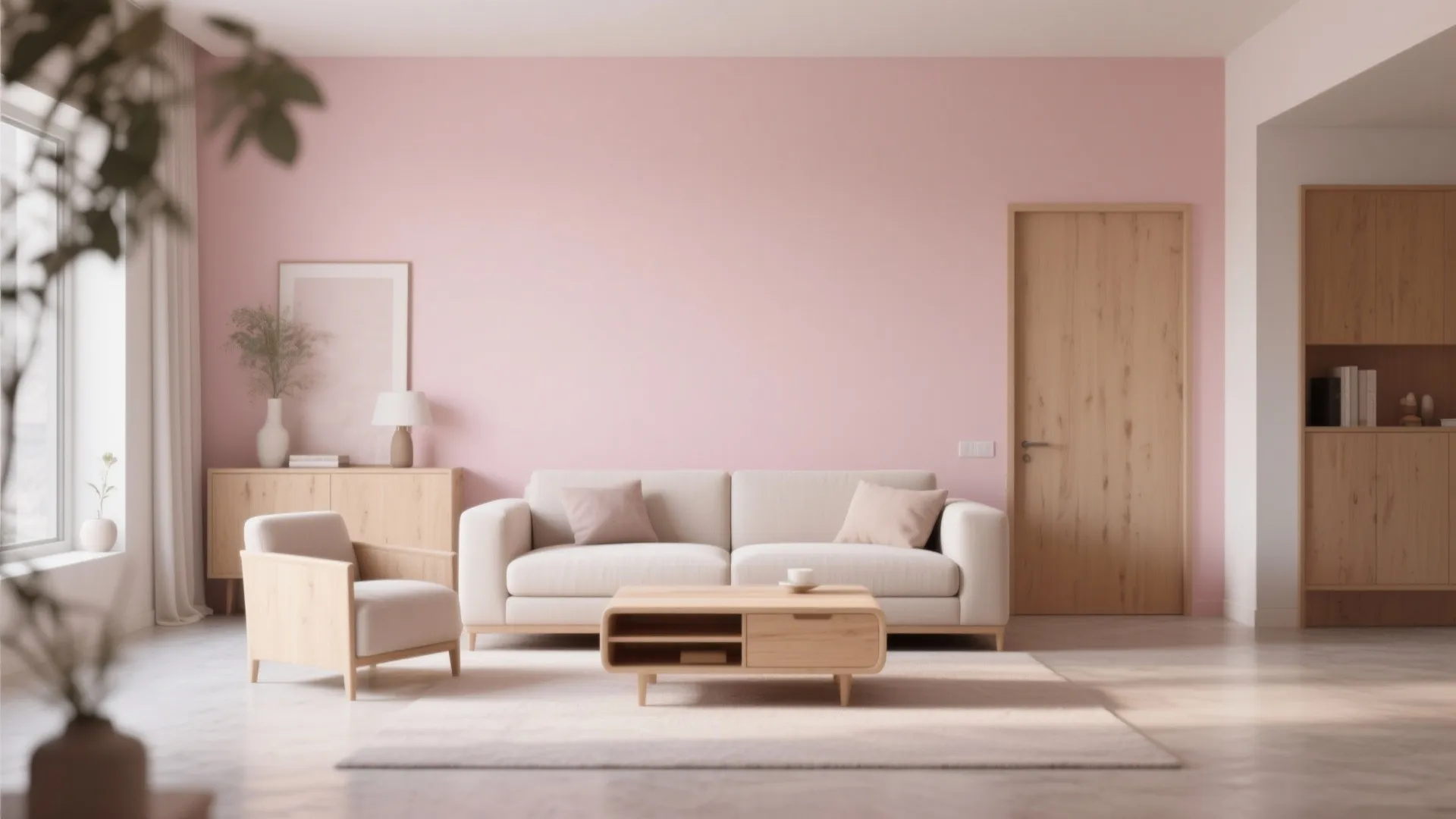 Scandinavian style living room with pink wall plus wooden cabinet and light wood coffee table