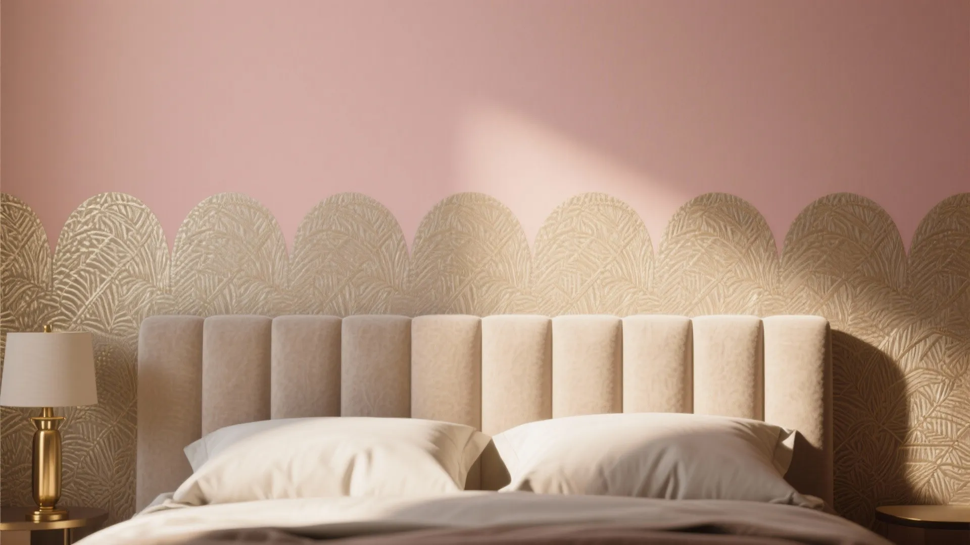 1. Blush Accent Wall with Textured Wallpaper