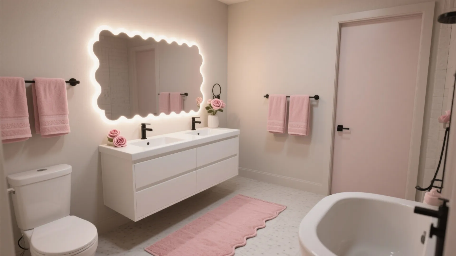 Blush Accents: Towels, Rugs, and a Statement Mirror