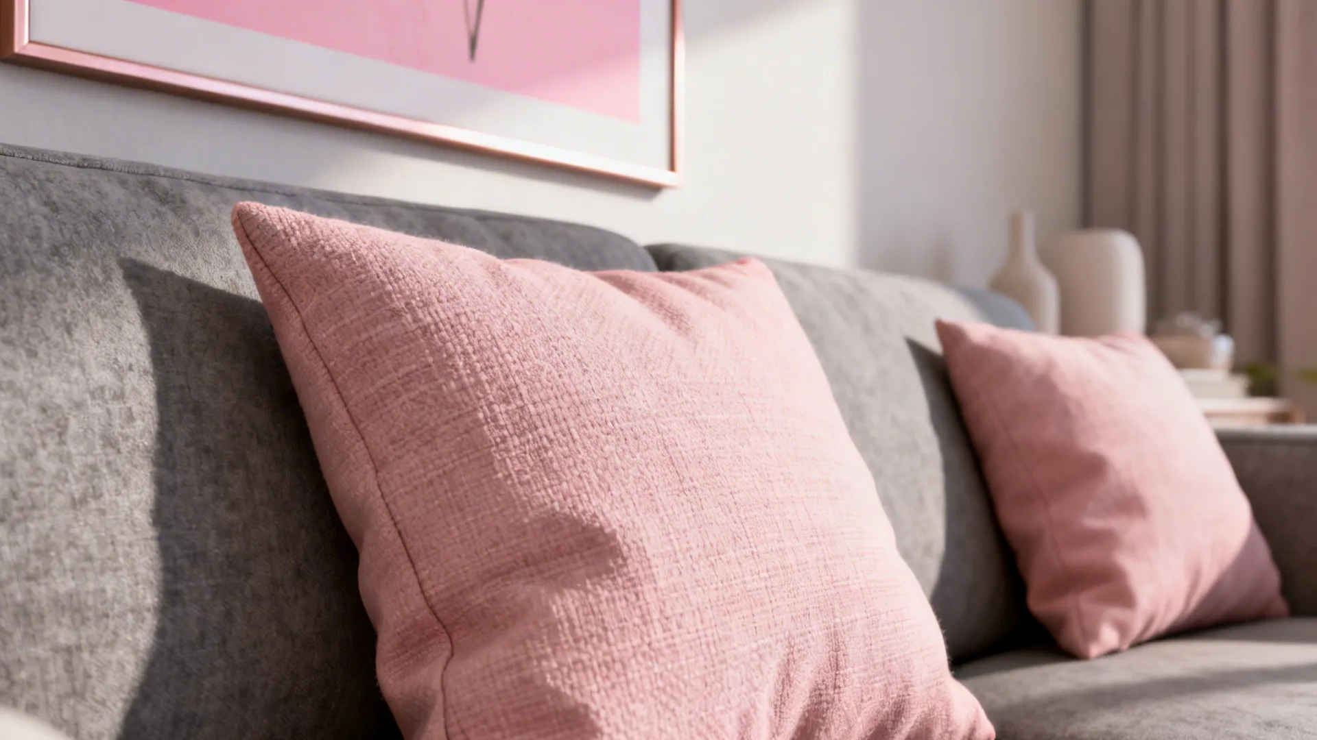Macro view of blush pillows and framed pink art on a gray wall.