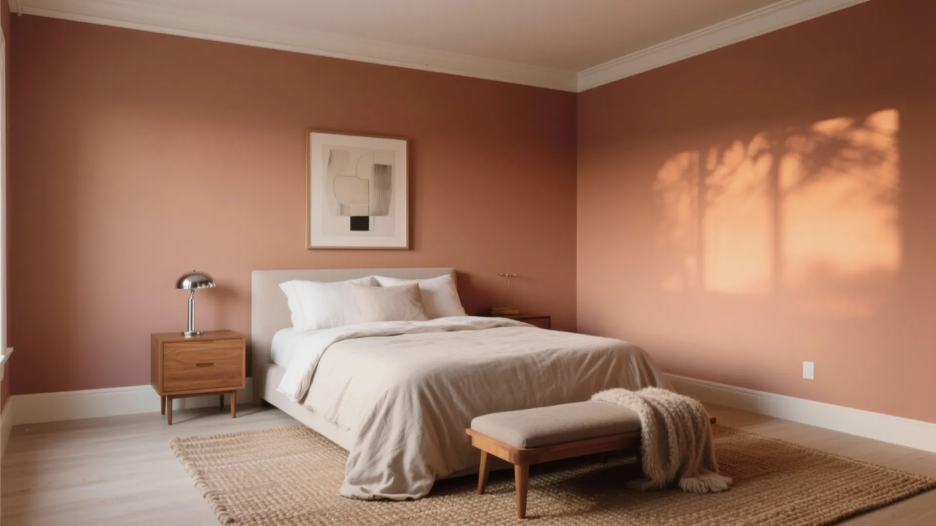 Modern pink bedroom featuring a beige bed with white pillows and a wooden bedside table