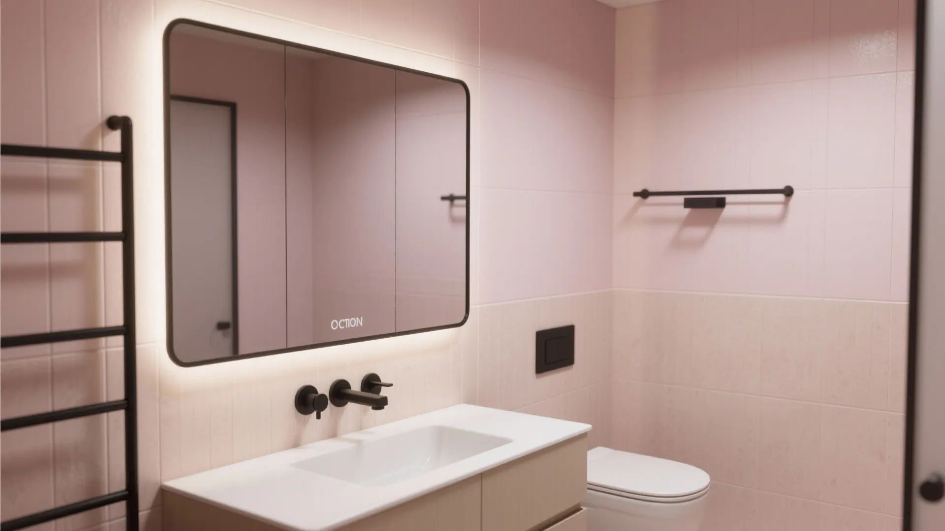 Modern pink bathroom with large lighted mirror white sink black taps and matching black towel rail