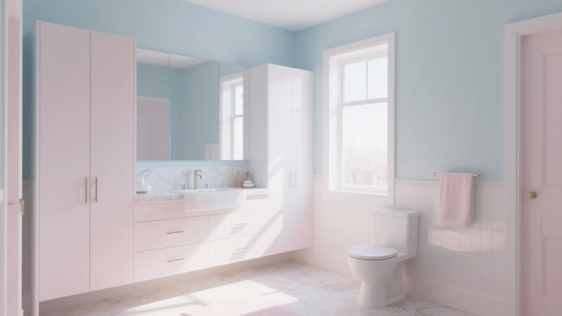 Airy bathroom with light blue walls pink cabinets white toilet marble floor and natural light