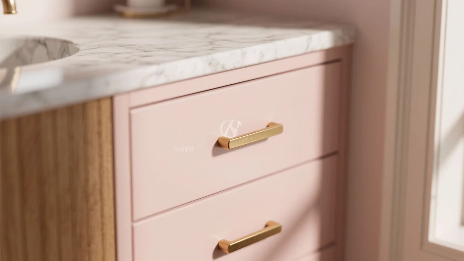 Pink bathroom cabinet with marble top gold handles wood side panel and a white sink