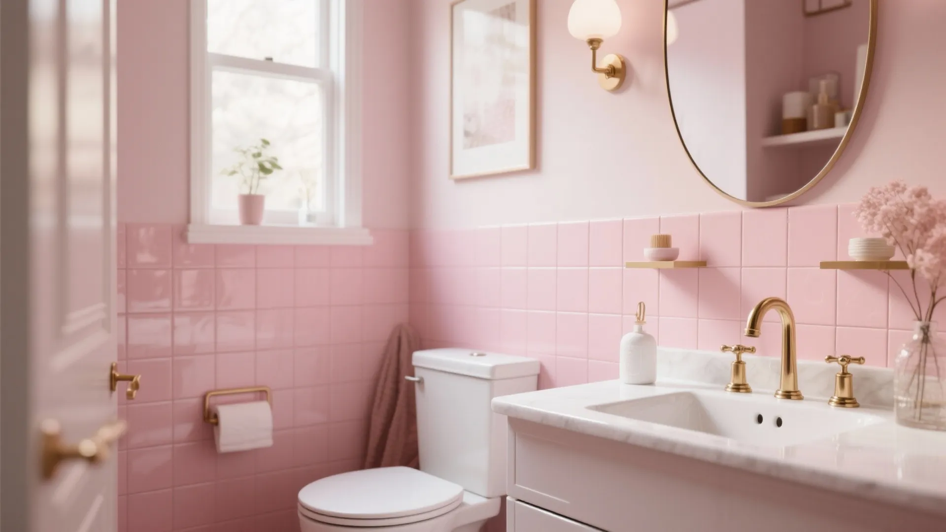 Pink bathroom with wall tiles, white sink, gold faucet, round mirror, toilet, and small plant