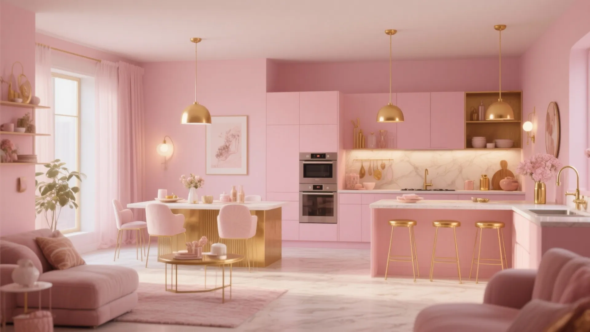 Modern pink kitchen and dining room with gold ceiling lights gold stools and marble floors