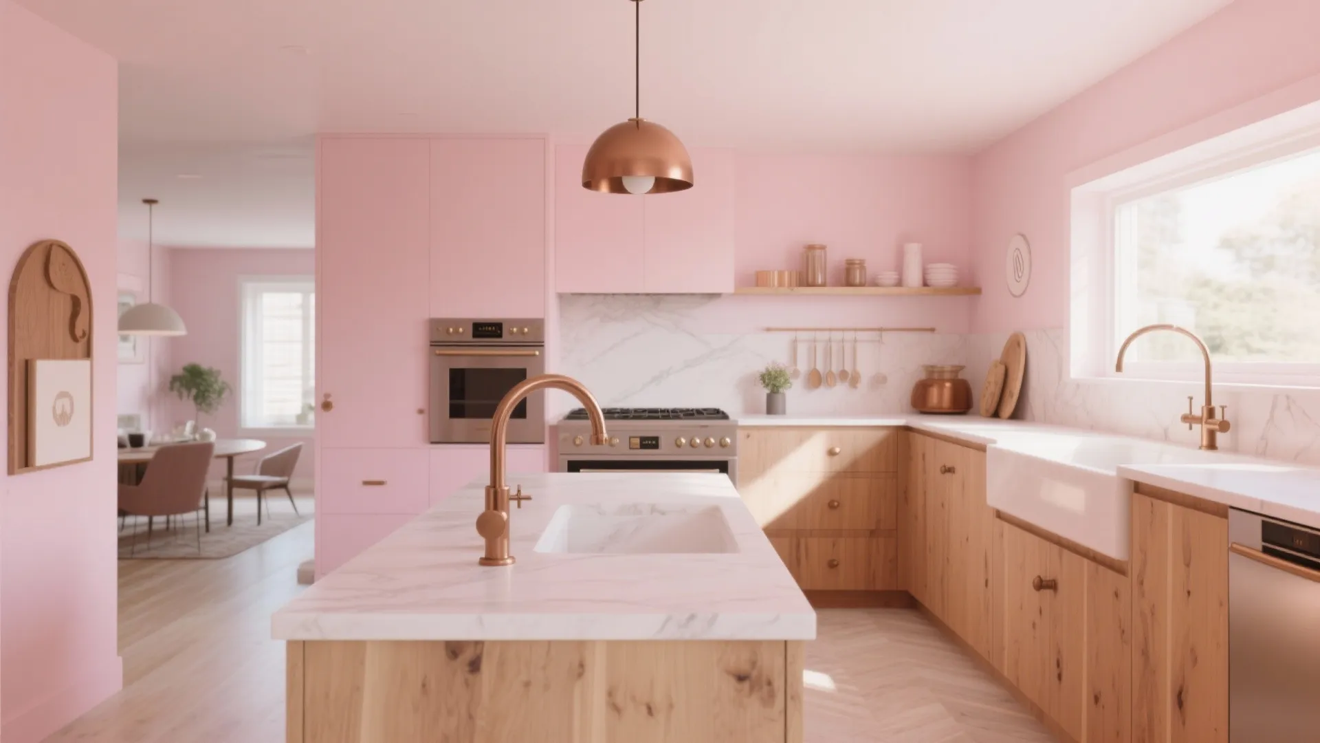 Blush pink kitchen walls with bronze hardware