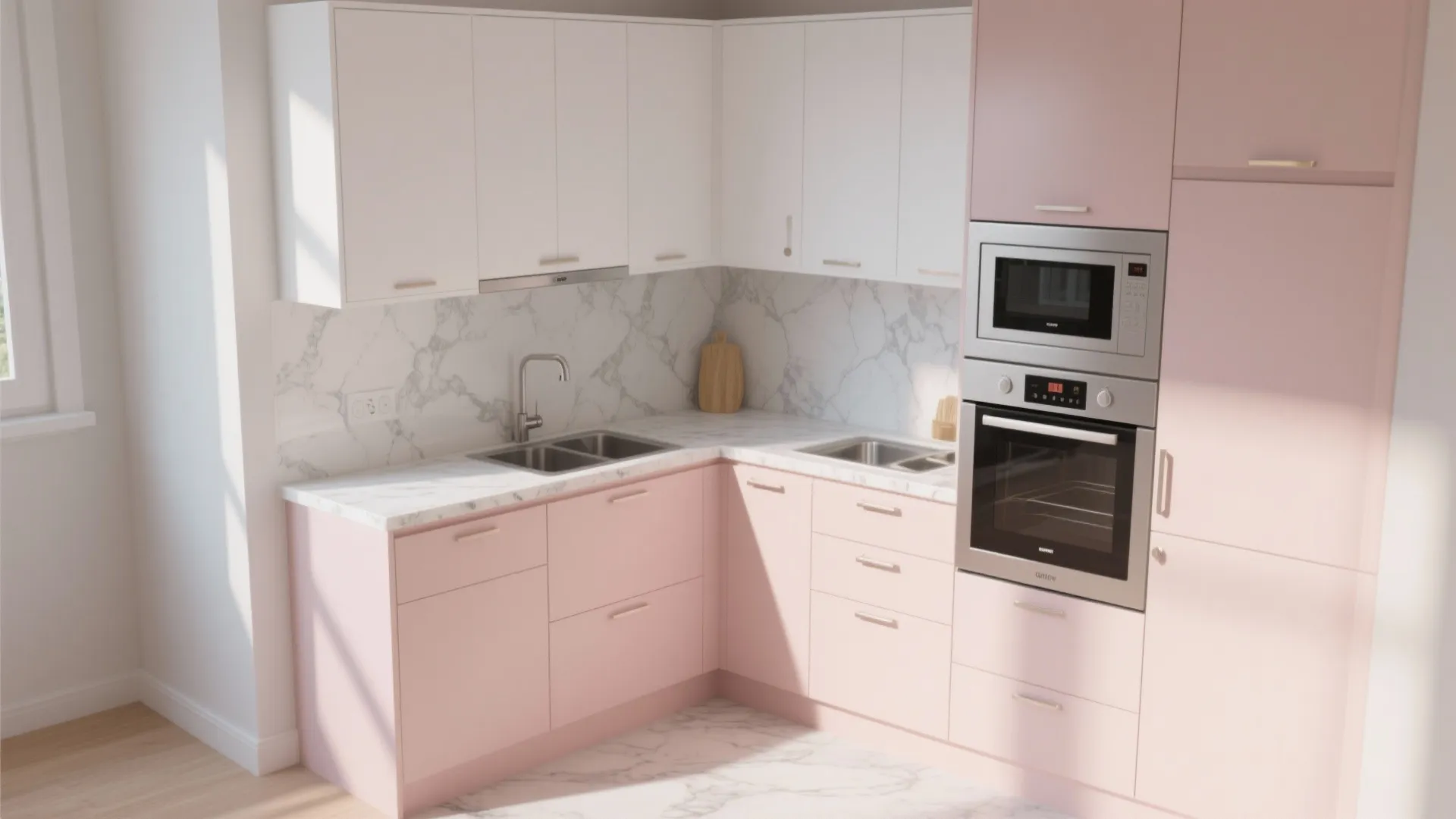 1. Blush Cabinets with White Marble Counters