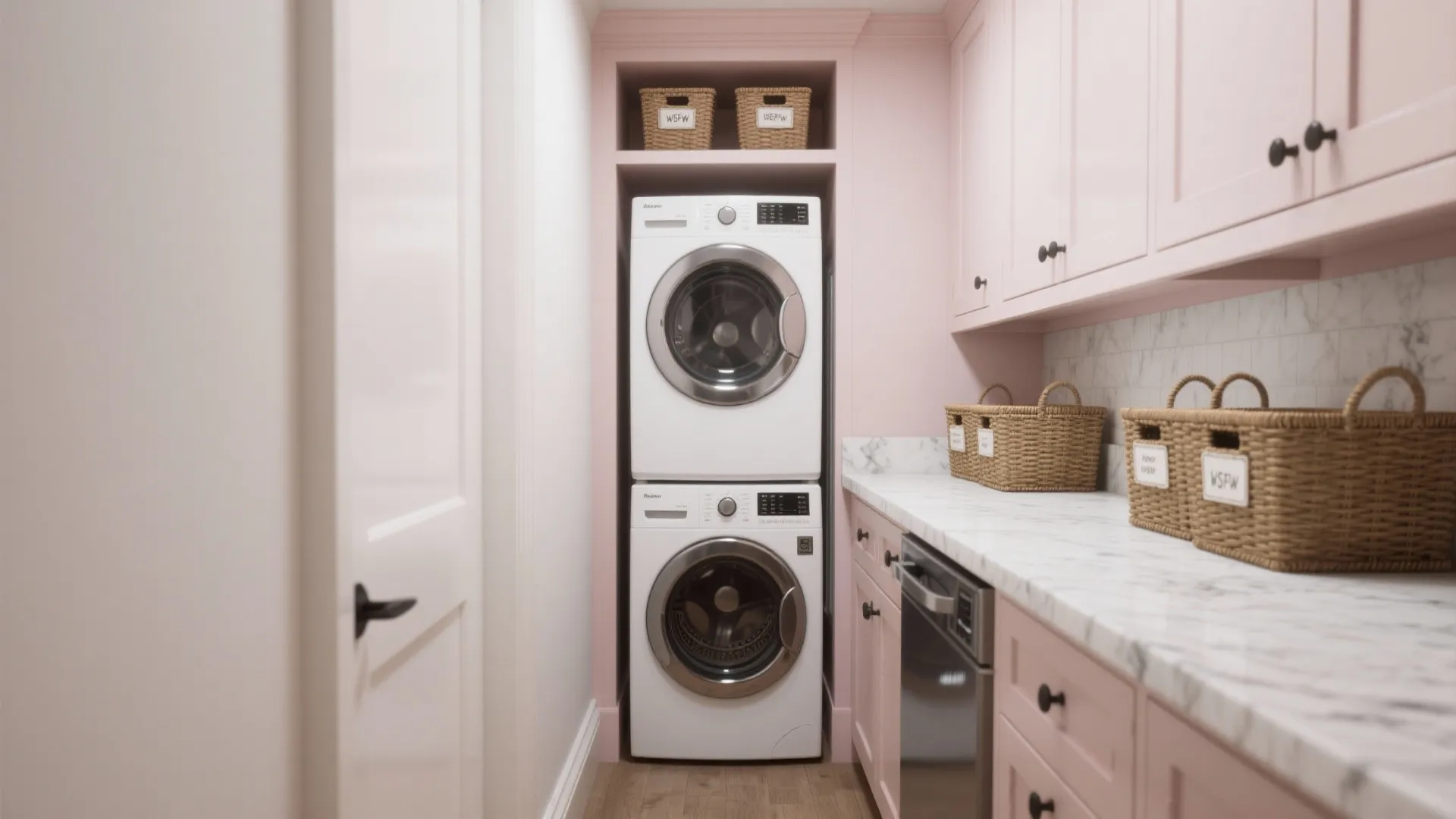 Small laundry area with stacked white machines pink cabinets marble countertop and brown storage baskets