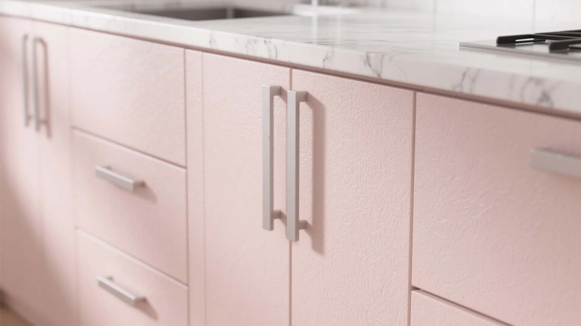 1. Blush cabinets + white quartz counters