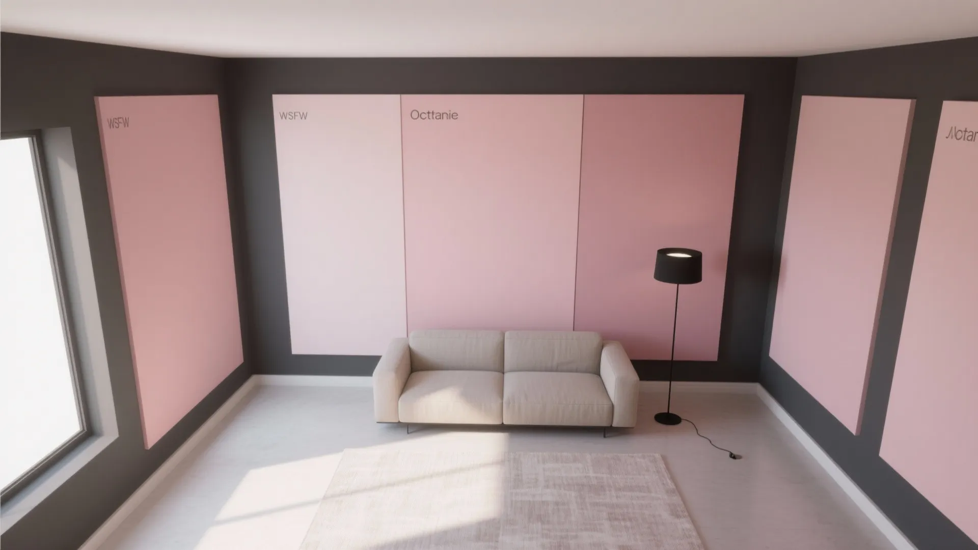Grey wall featuring pink color panels behind a beige sofa and a black floor lamp