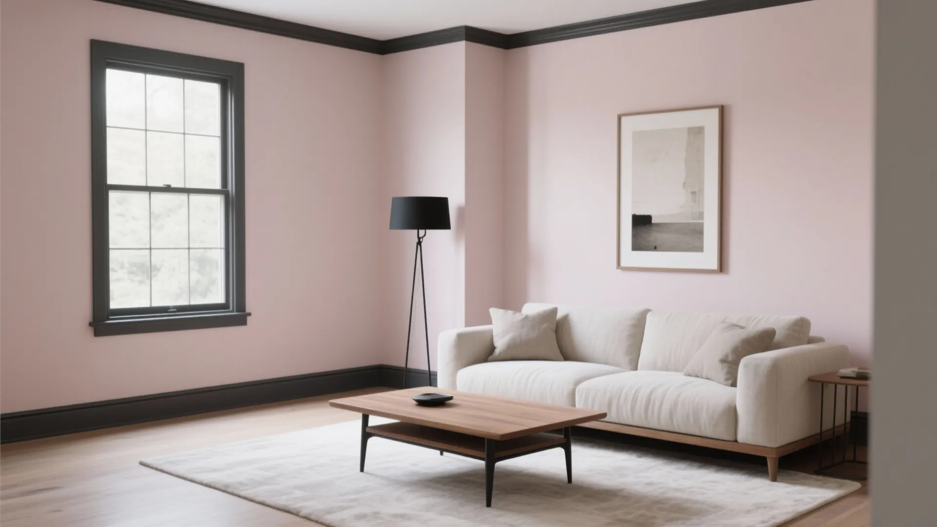 Pink living room with black trim white sofa wooden coffee table black lamp and window