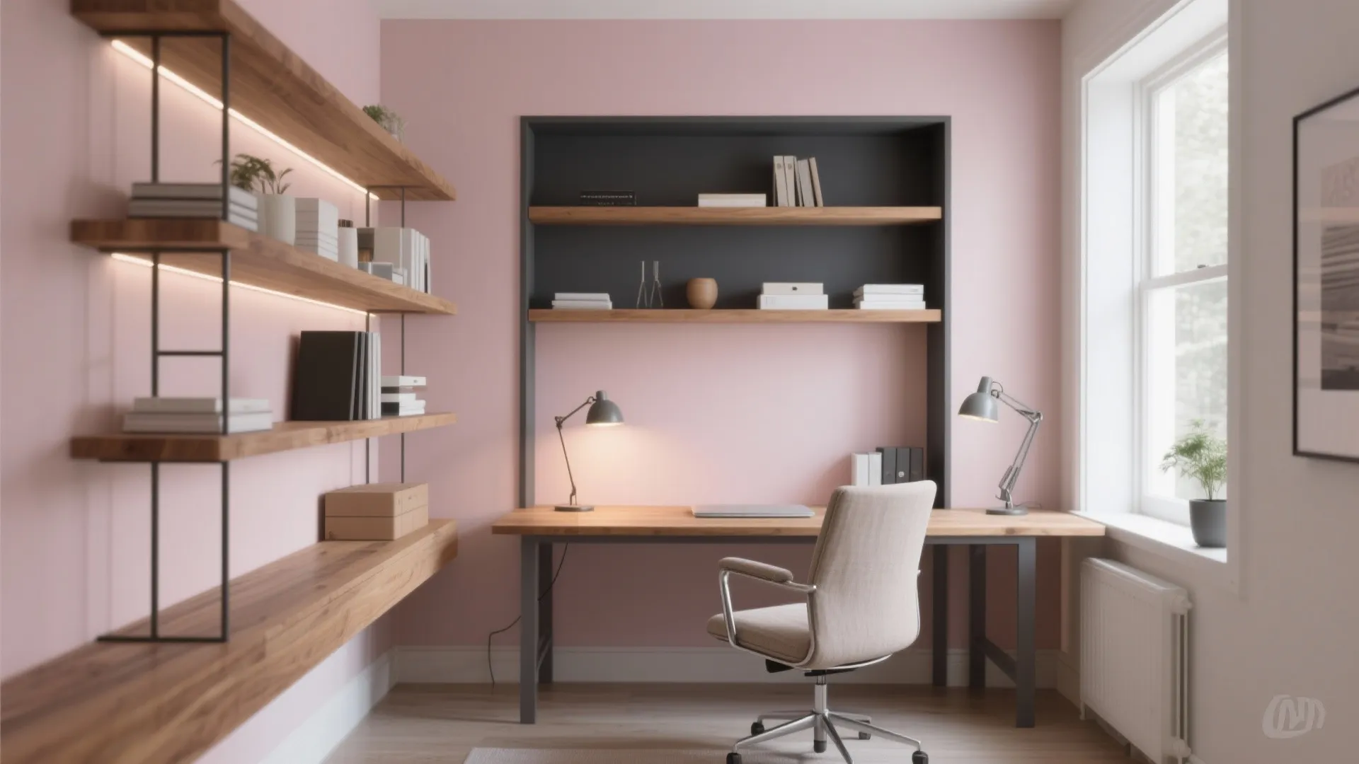 Soft Blush and Charcoal with Warm Wood