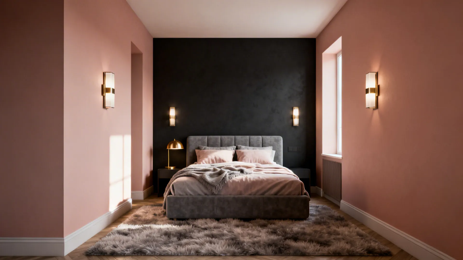 Bedroom with three blush walls and a charcoal headboard wall, layered lighting and plush rug