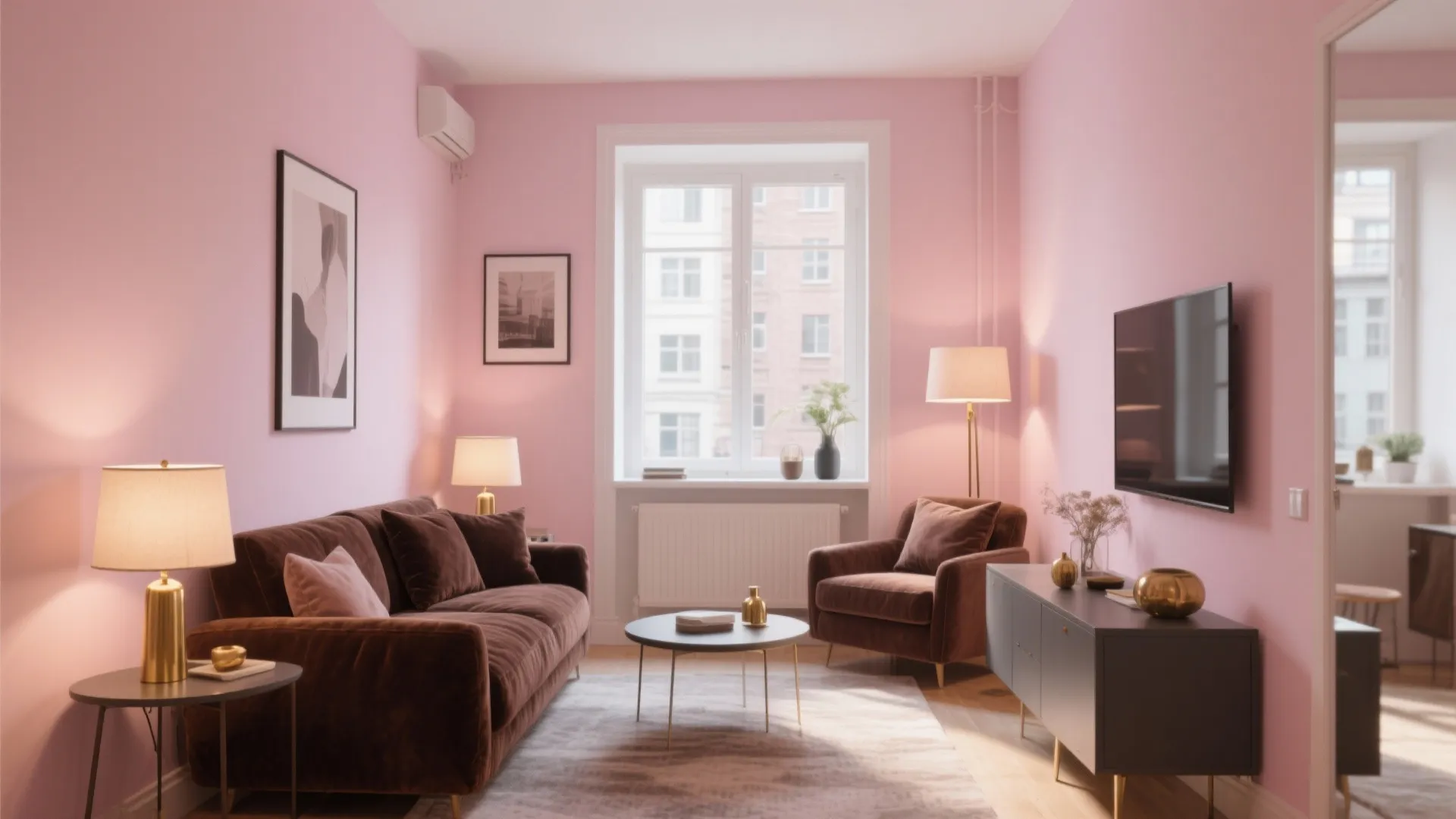 Soft blush walls with chocolate brown accessories in a small apartment