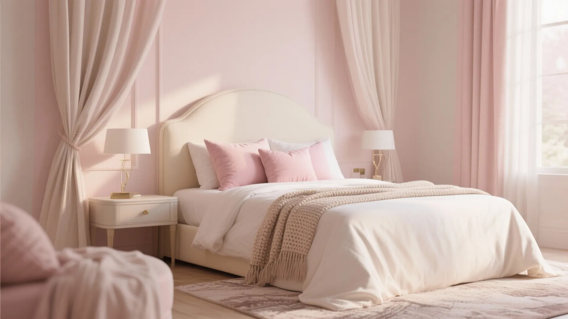 Soft pink bedroom with cream bed pink pillows white nightstand table lamps and light pink curtains
