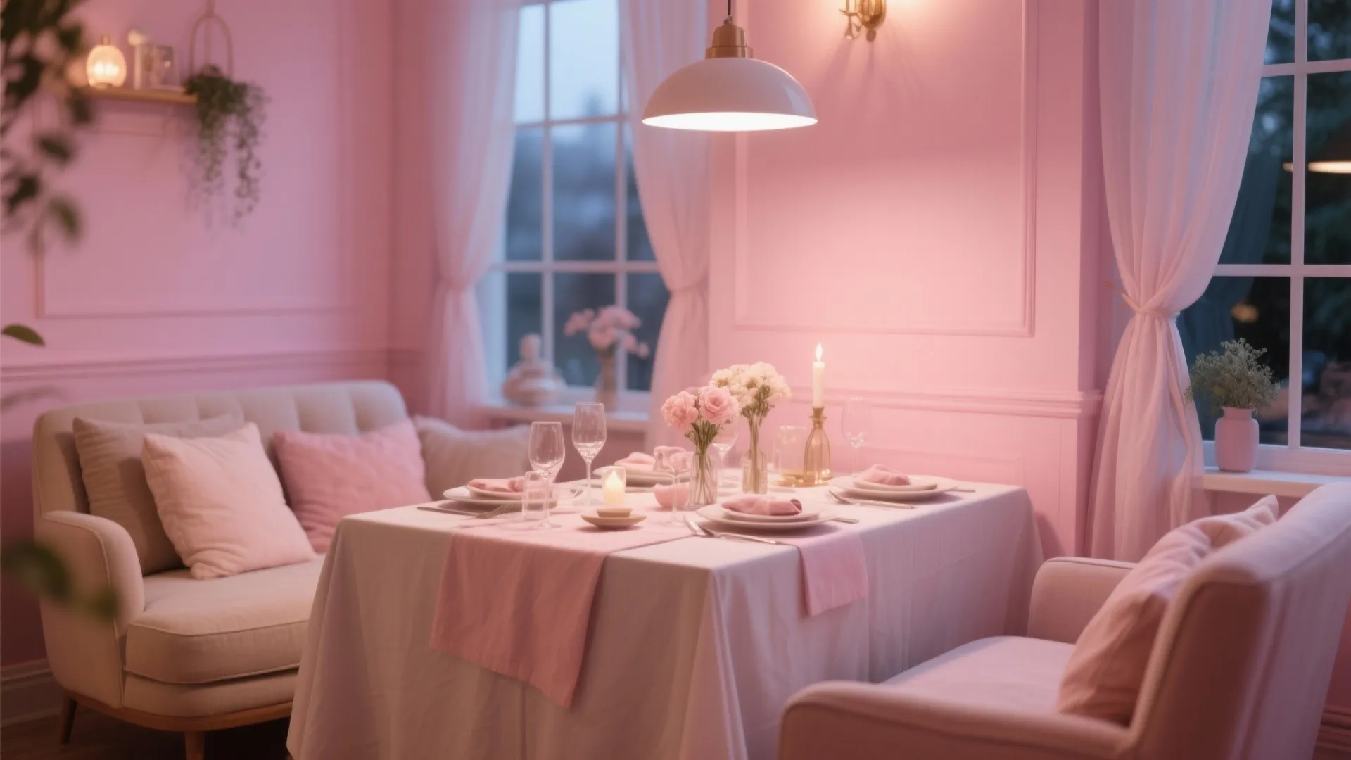 Dining area with blush walls and soft warm lighting