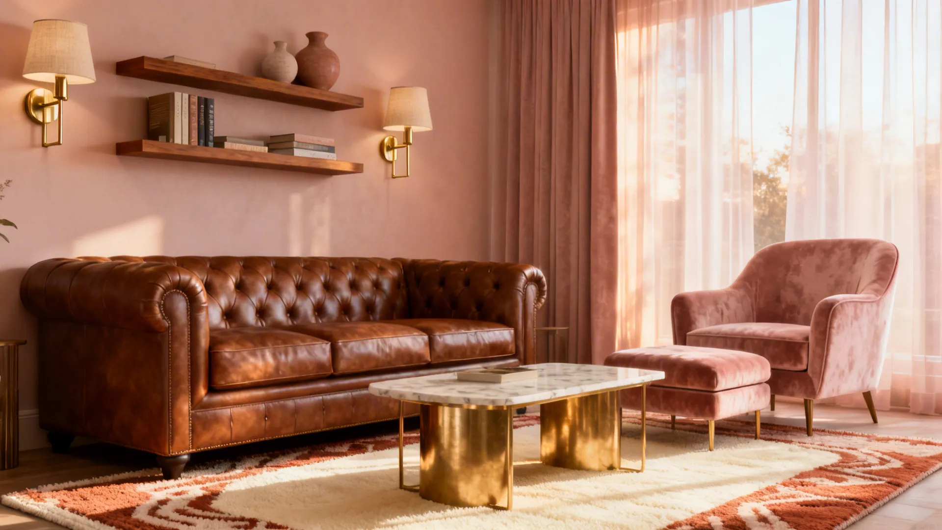 Brown furniture paired with a dusty rose accent wall and warm brass finishes