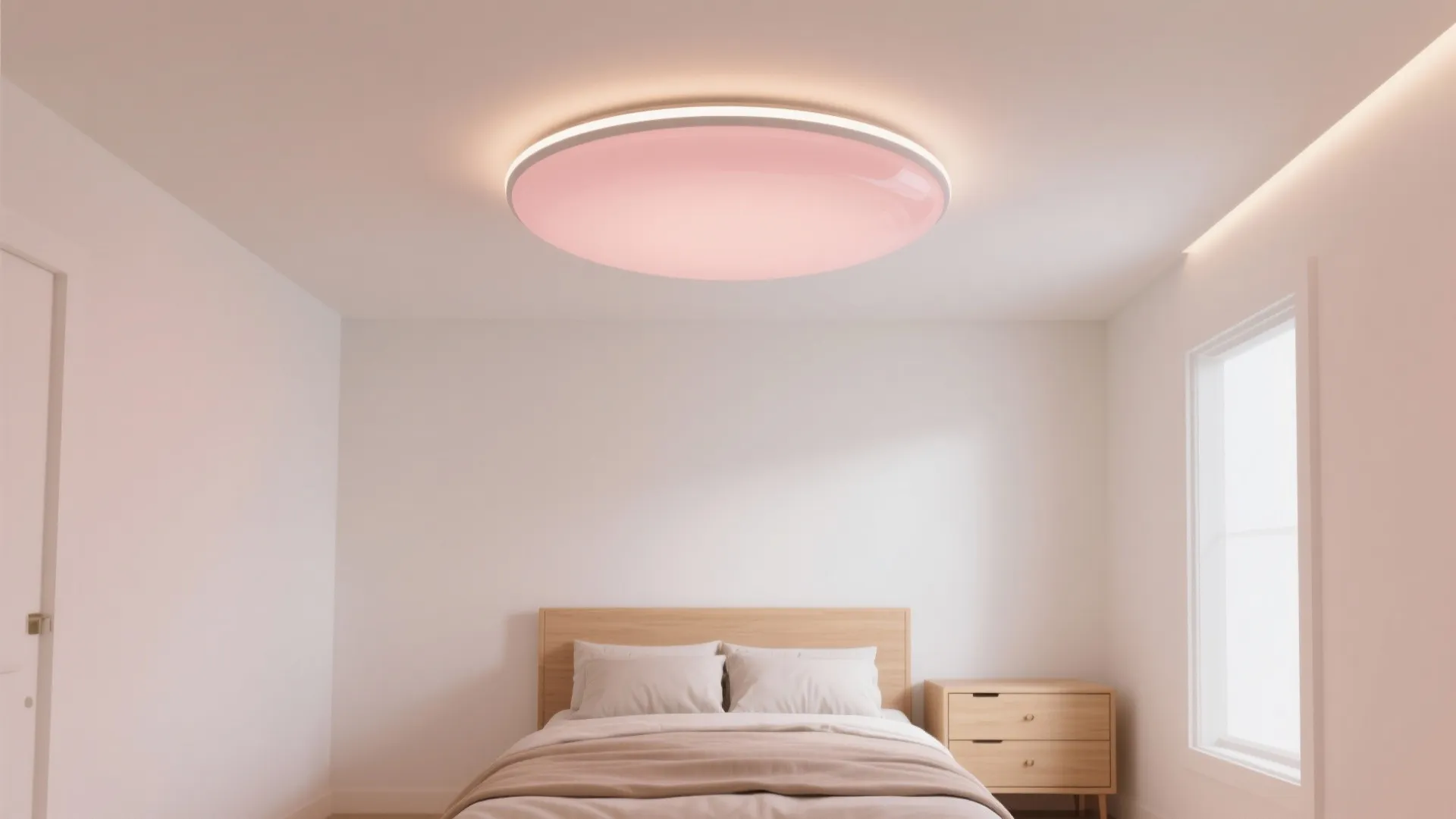 Minimalist bedroom with white walls wooden bed and a round pink ceiling light on white ceiling