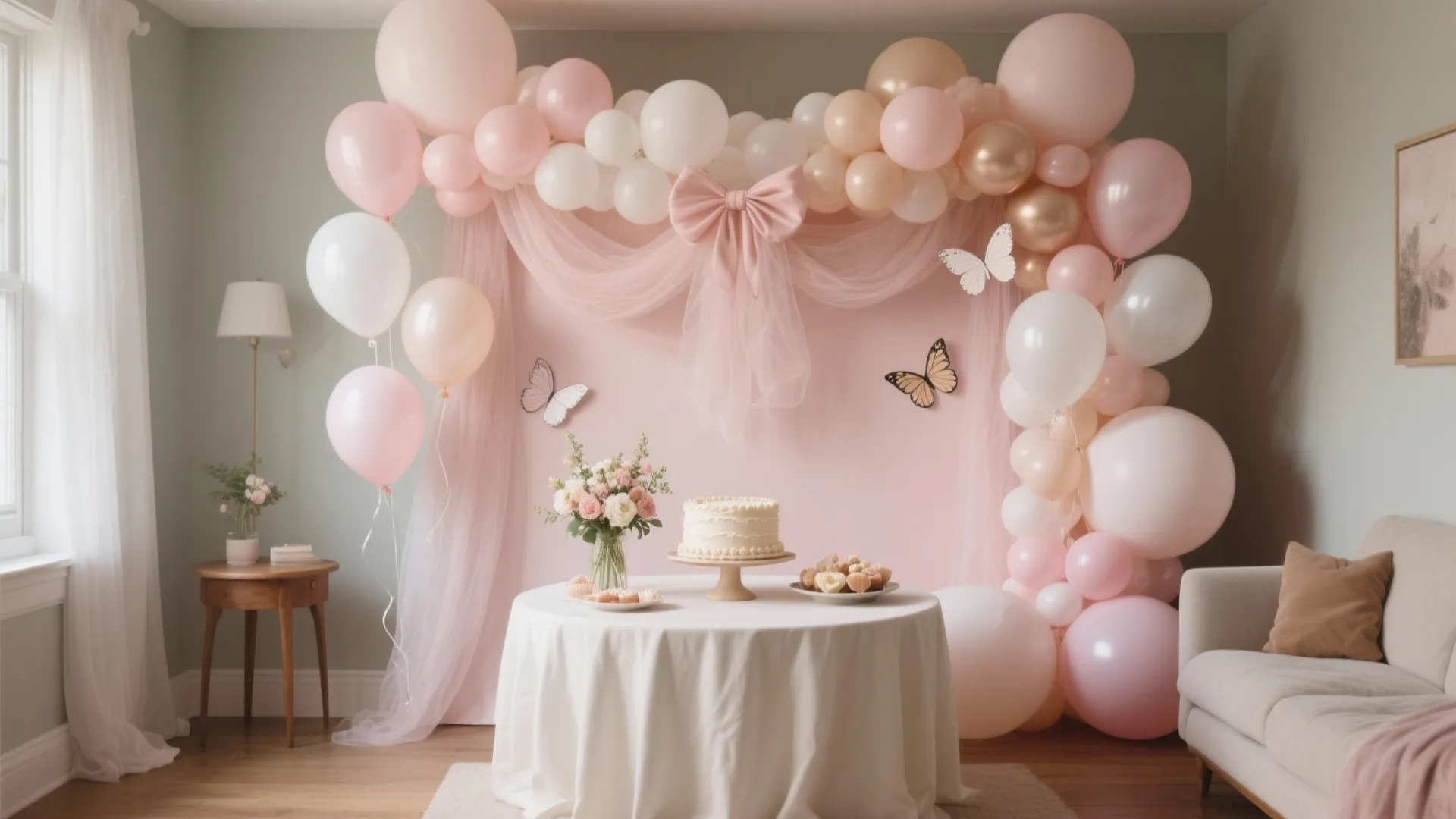 Blush-and-White Balloon Garland with Cozy Layers
