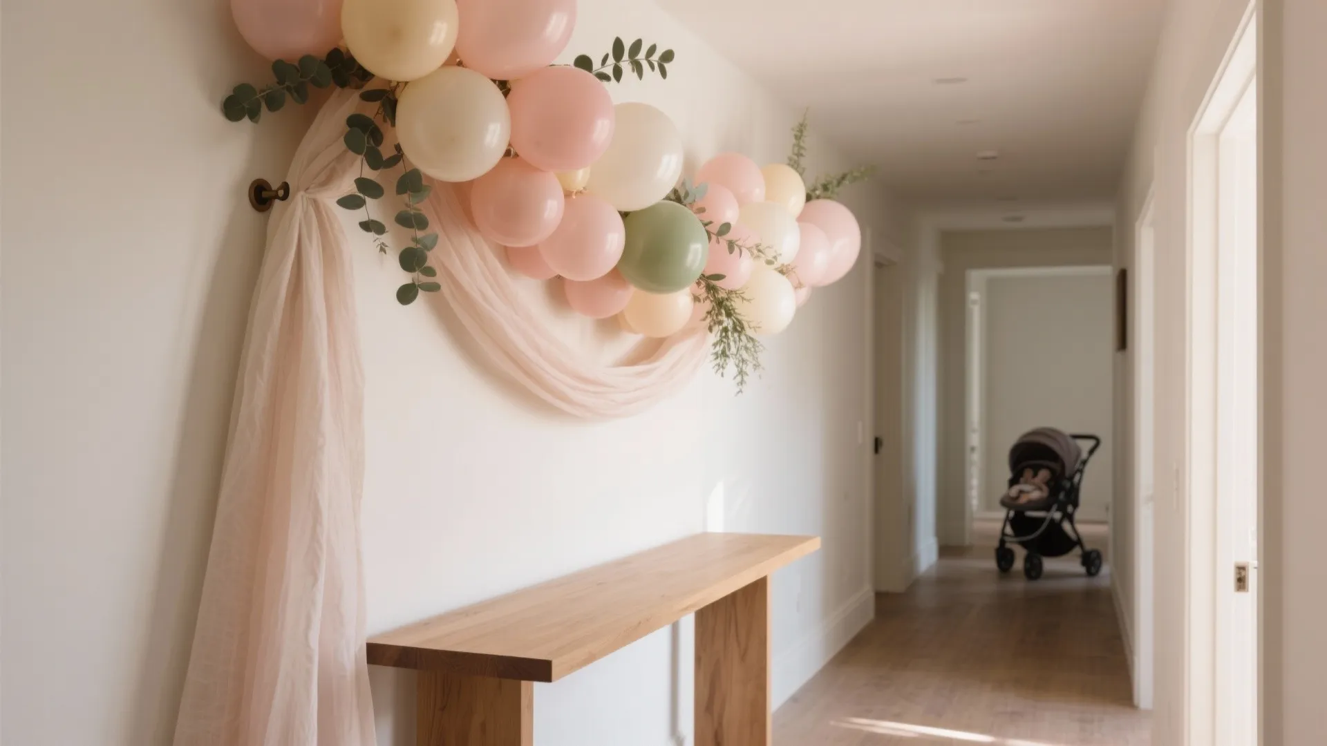 Soft Blush Balloon Garland + Fabric Drape