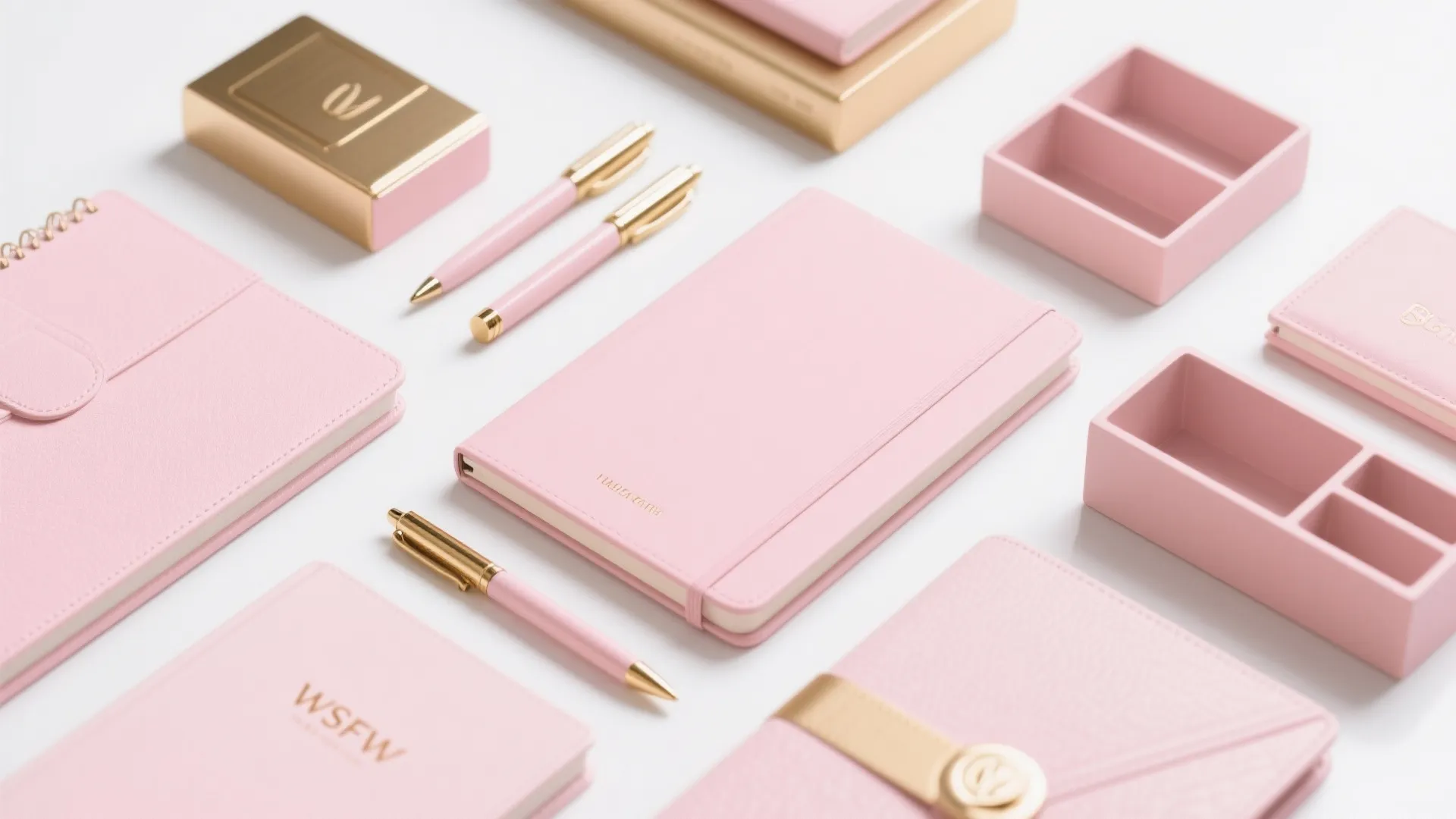 Flat lay of pink and gold stationery items including notebooks pens and small storage boxes