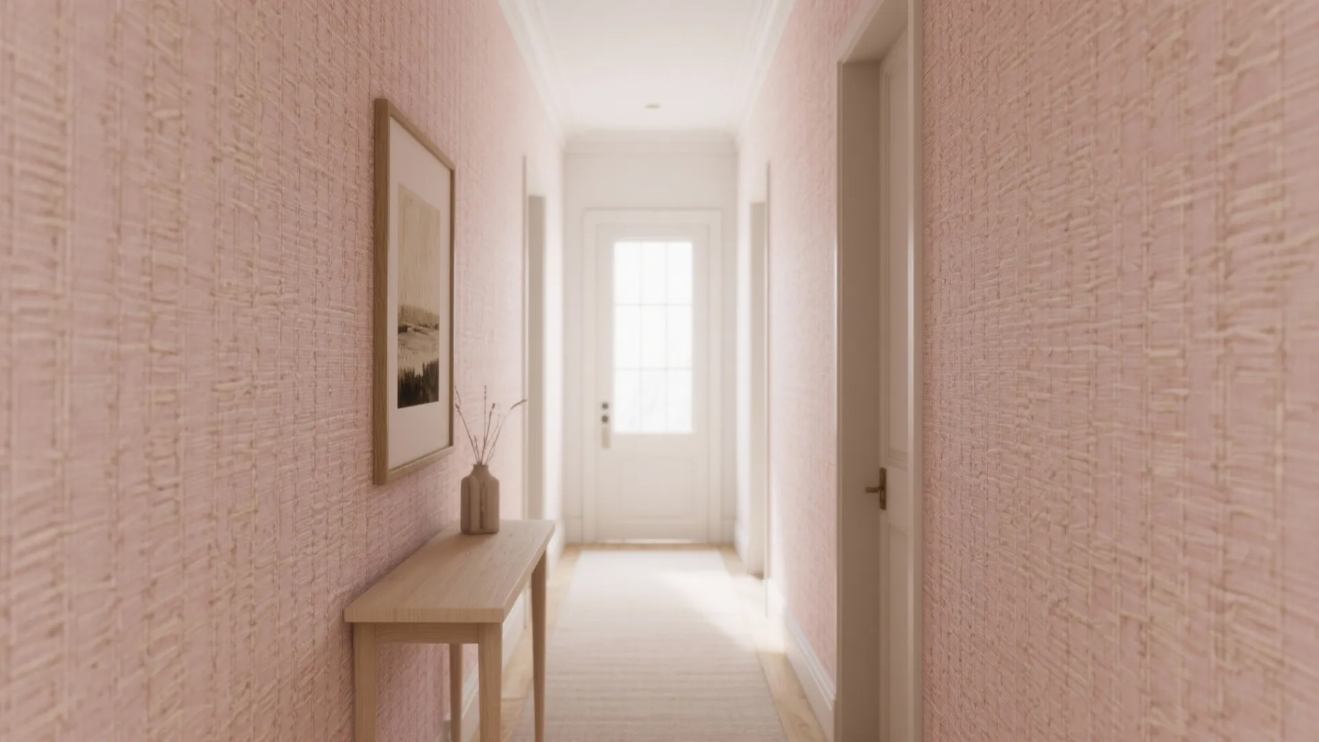 Bright hallway with pink textured wall panel, wooden console table, picture frame, and white door