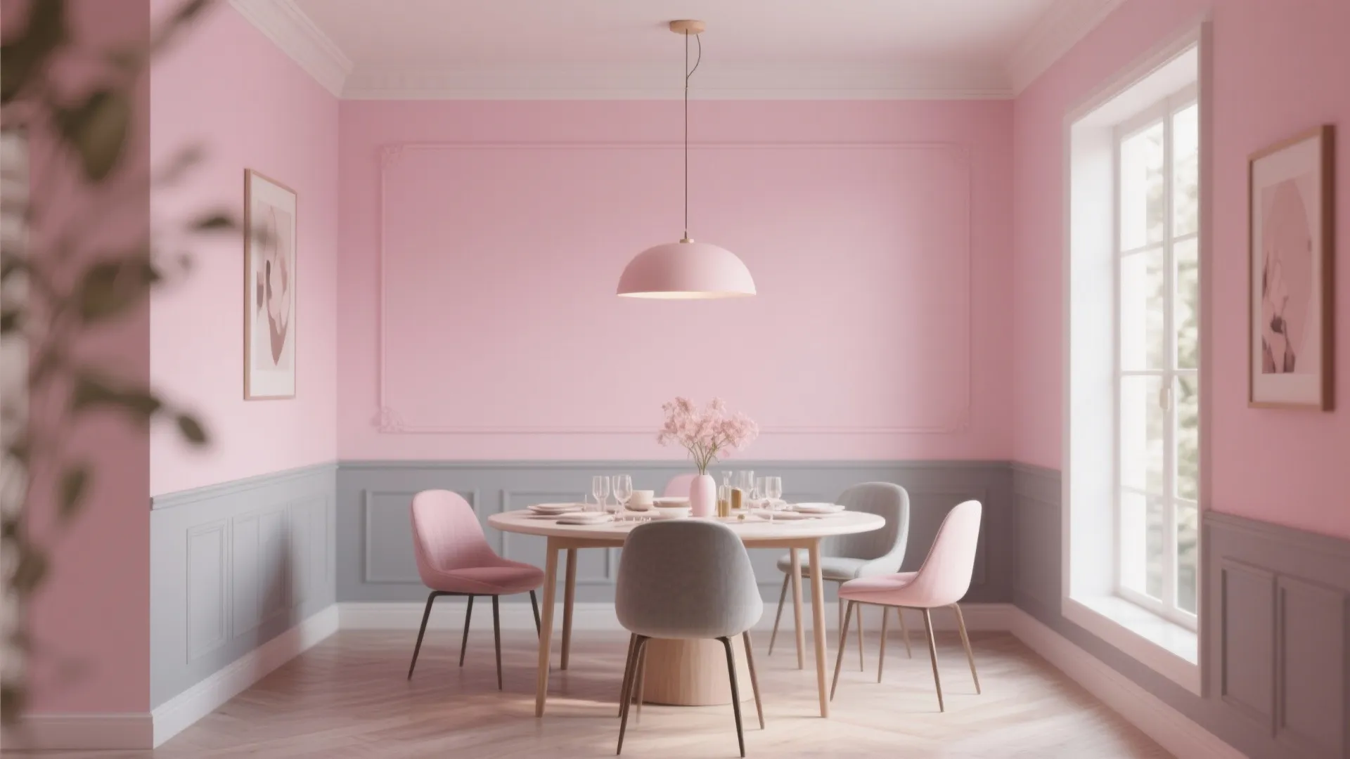 Blush pink and gray dining room setting