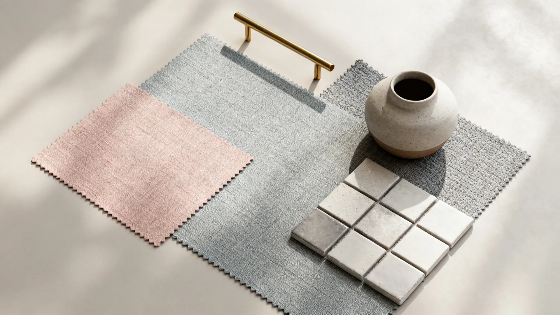 Material flatlay with blush pink and cool gray fabric swatches, brass accent and ceramics.