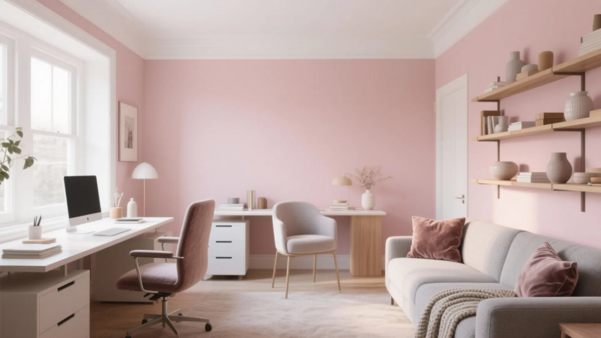 Modern home office with pink walls white desk computer chair sofa and wooden wall shelves