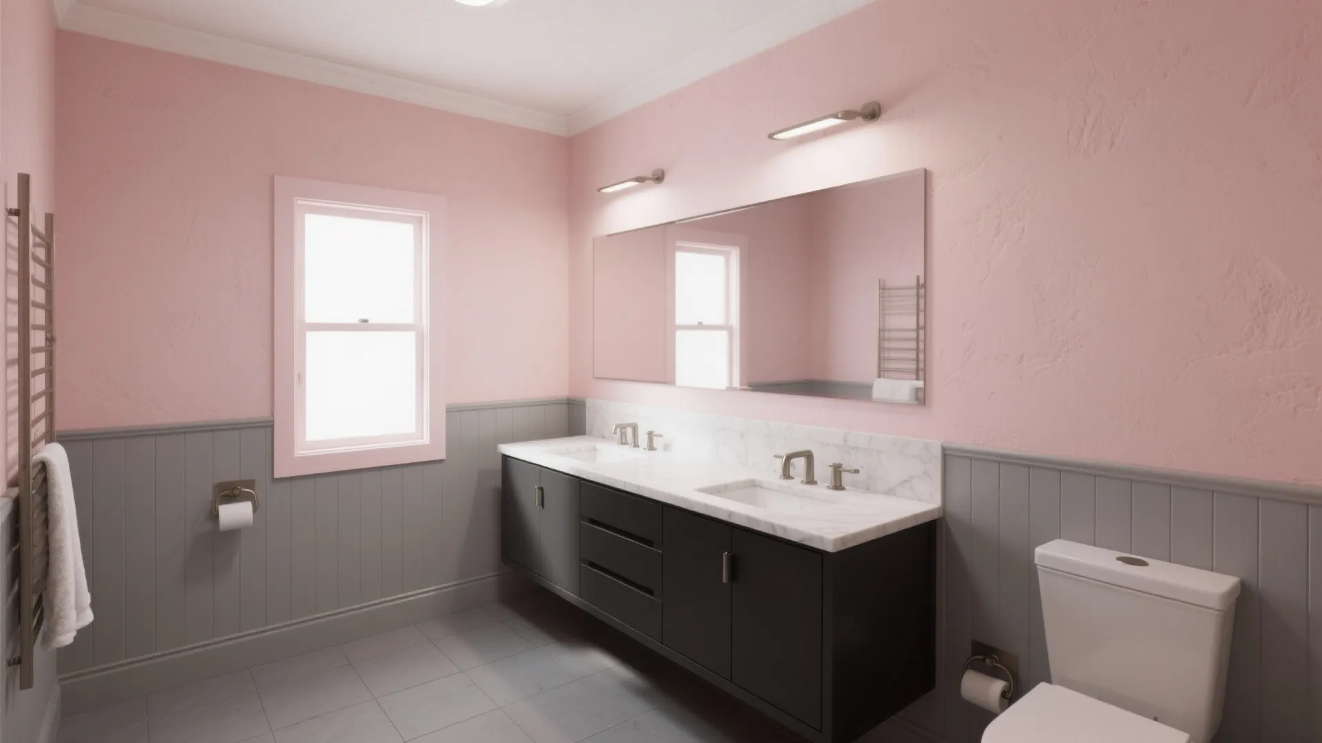 Modern bathroom with pink walls grey wall panel dark wood cabinet and double white sinks