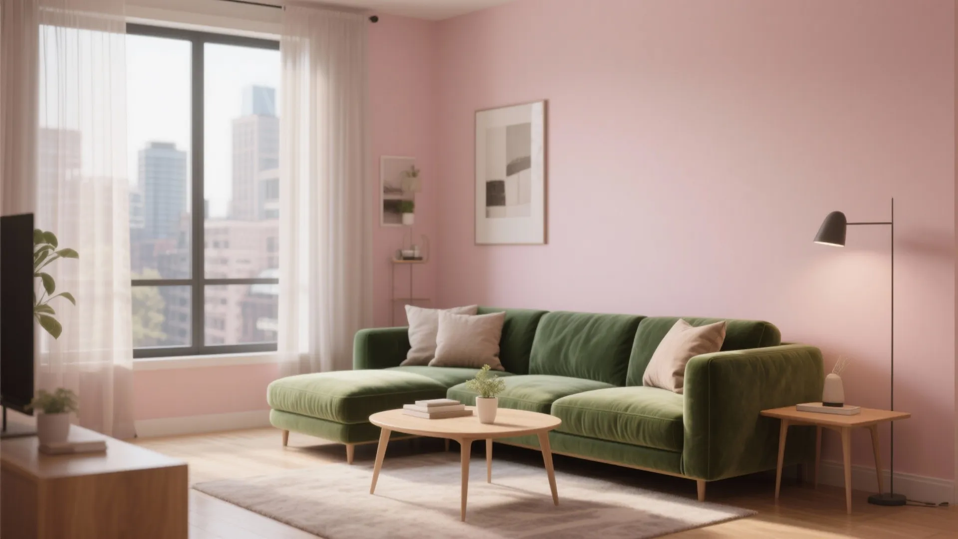 1. Soft Blush Walls with Olive Green Sofa