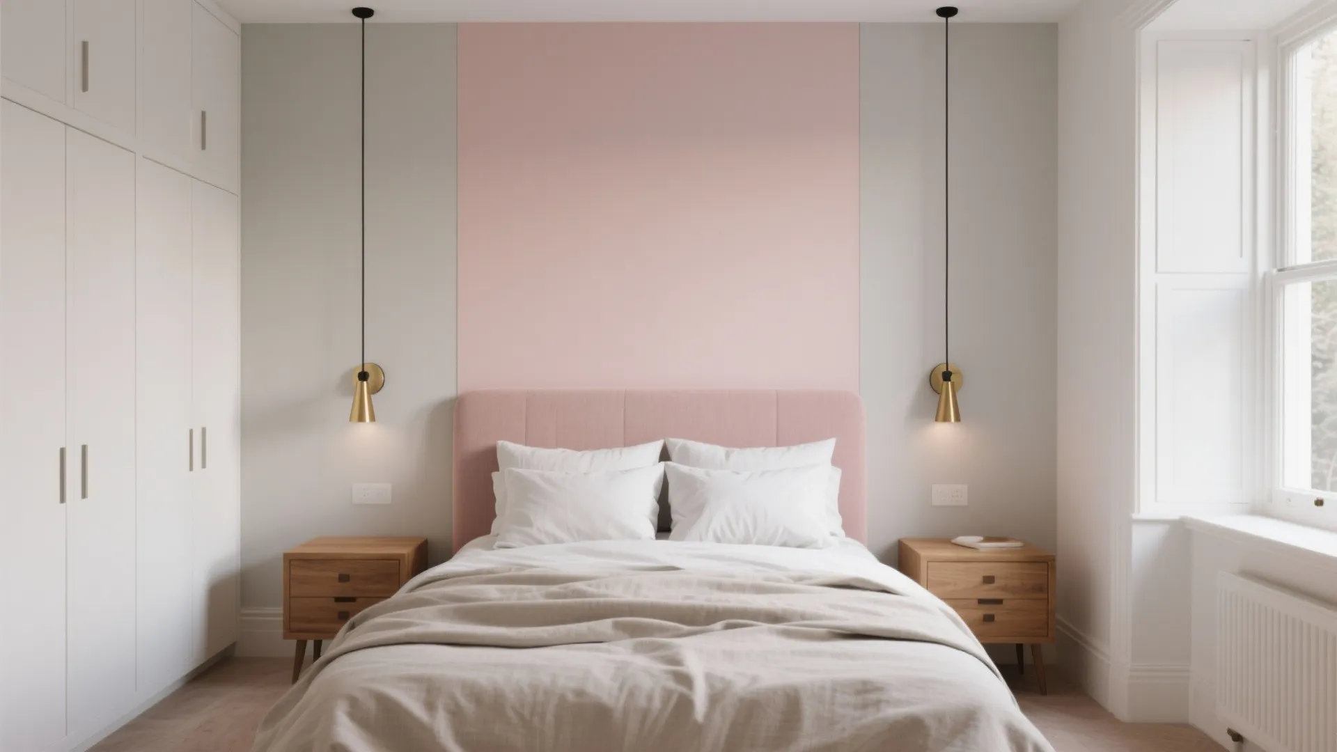 Two-colour bedroom walls: blush and greige